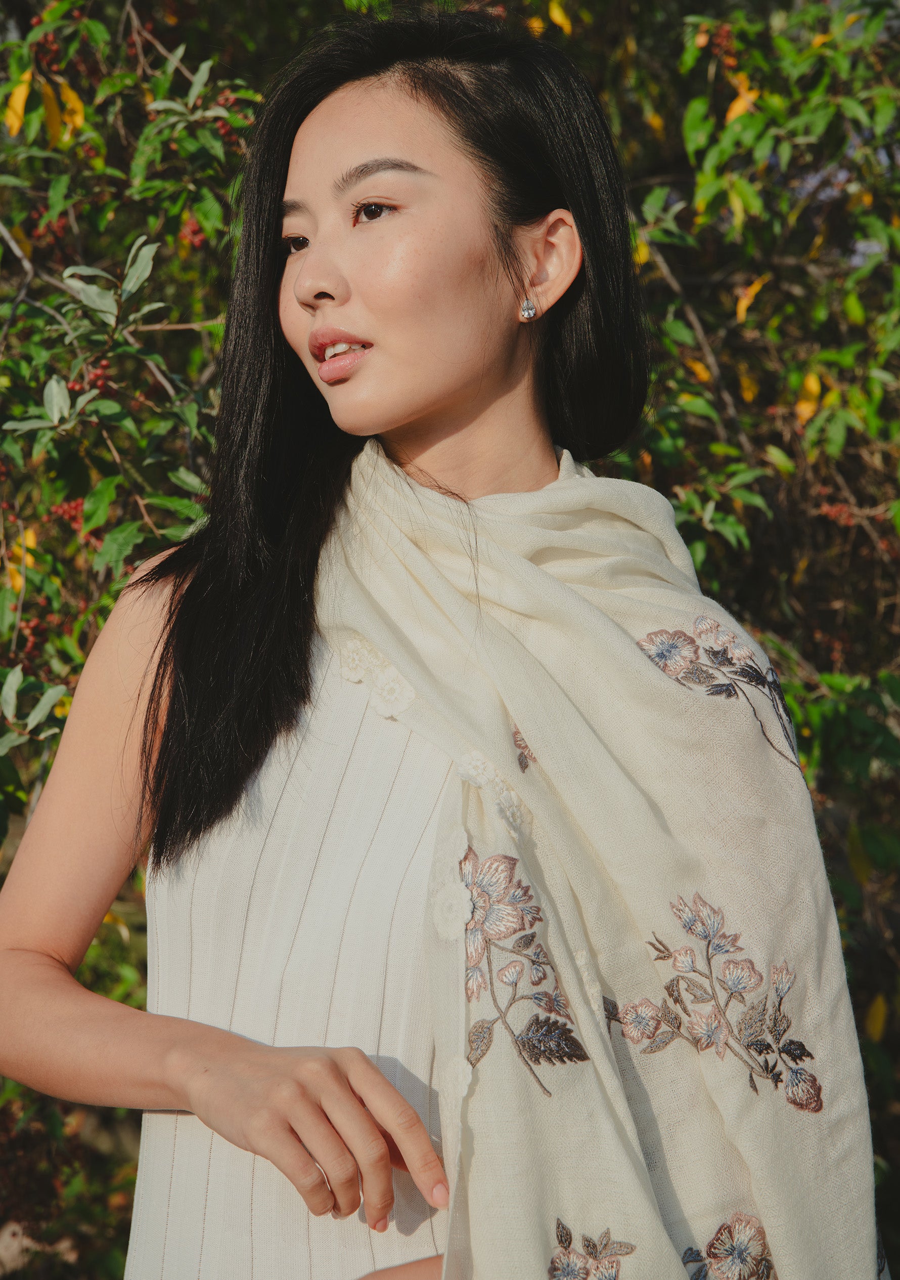 Ivory Cashmere Scarf with Multi-colored Floral Embroidery and Ivory Floral Lace Appliques