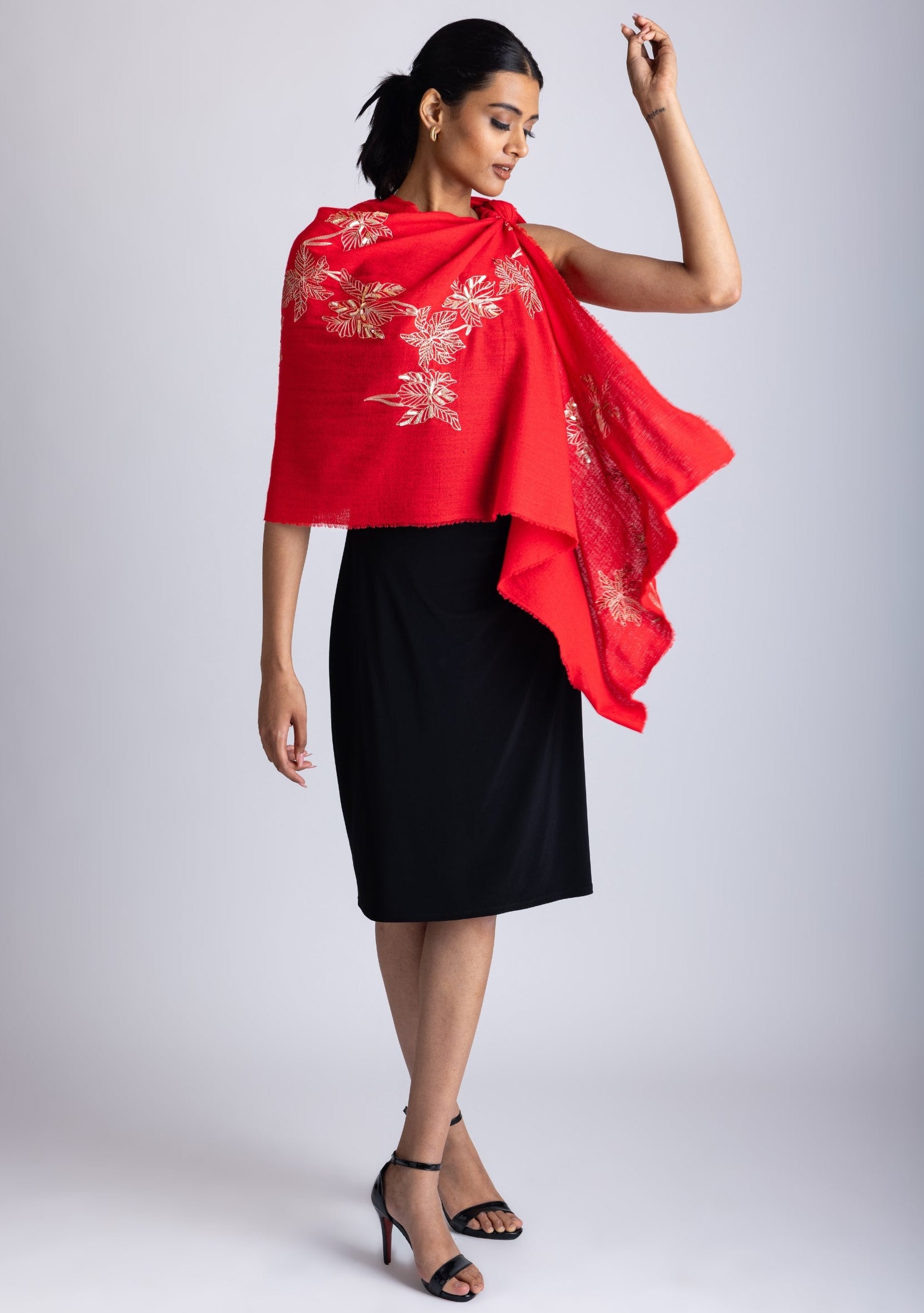 Bright Red Cashmere Scarf Dull Gold Sequin & Metallic Embroidery