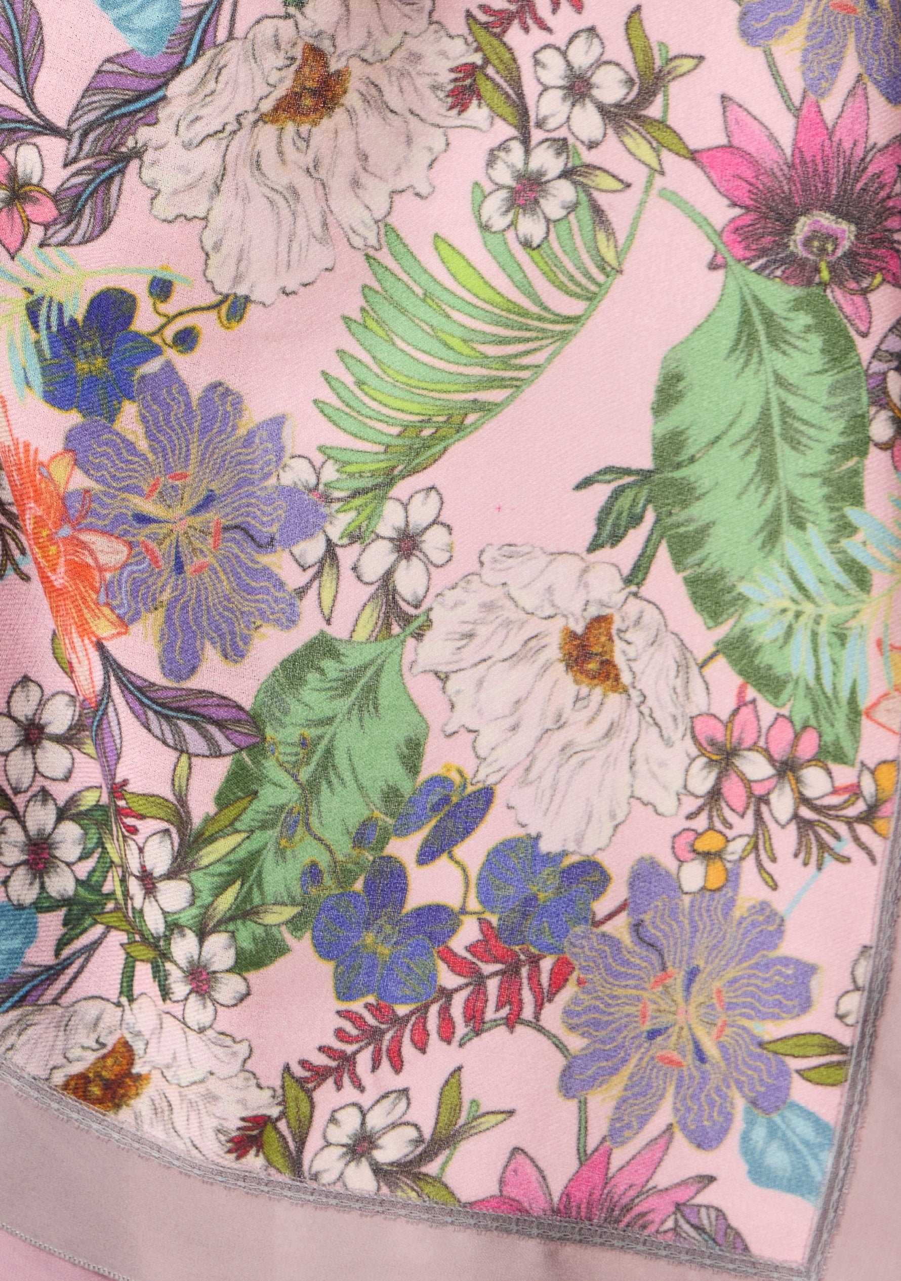 Pink Botanical Print Wool & Silk Scarf Pink & Mousse Double Georgette and Filigree Lace Border