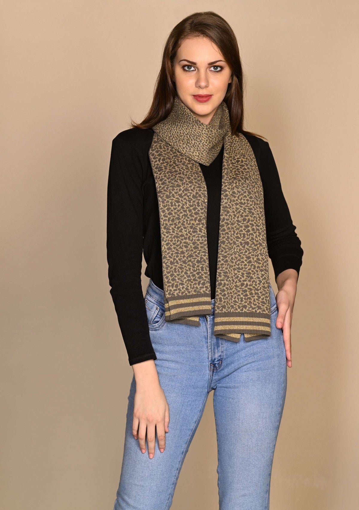 Dk. Olive & Frappe Cotton & Viscose Leopard Jacquard Scarf Dk. Olive & Frappe