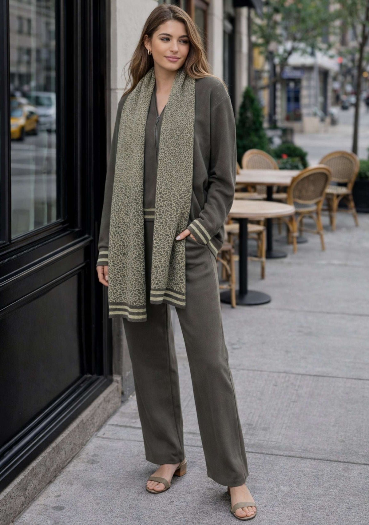 Dk. Olive & Frappe Leopard Jacquard Jacket and Dk. Olive Pant Lounge Set