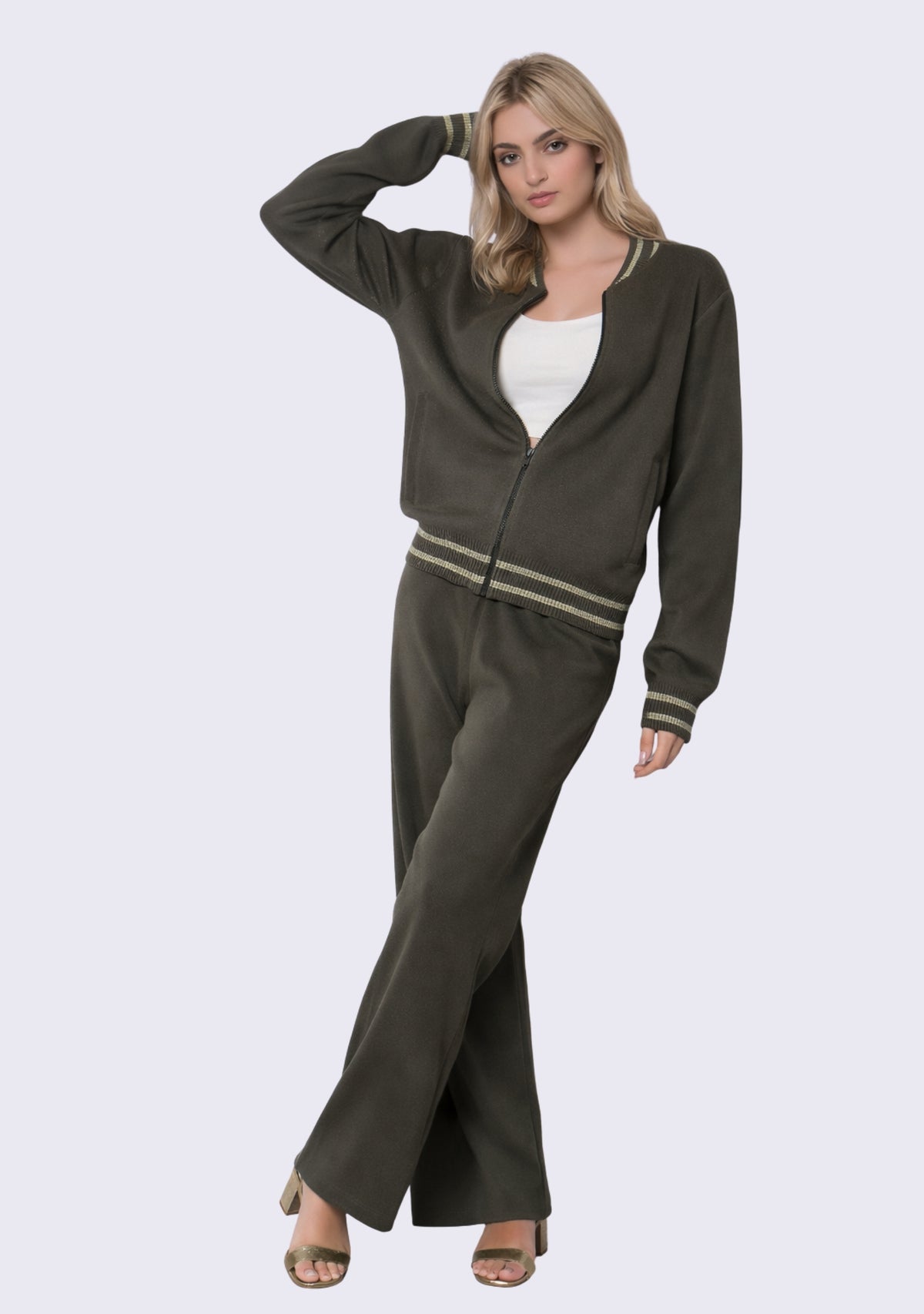 Dk. Olive & Frappe Leopard Jacquard Jacket and Dk. Olive Pant Lounge Set