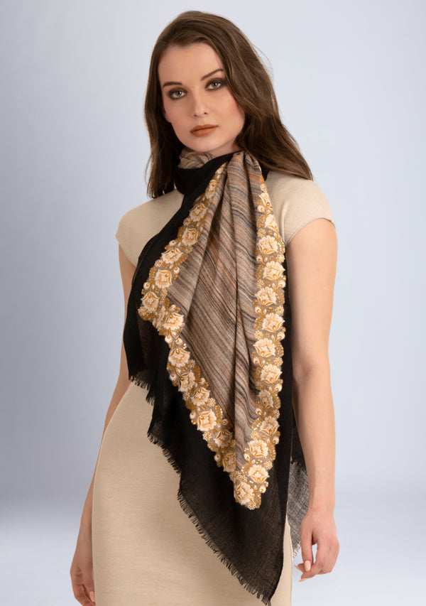 Multi-Striped Wool and Silk Scarf with a Ivory-Gold Embroidery and Black Frame Border