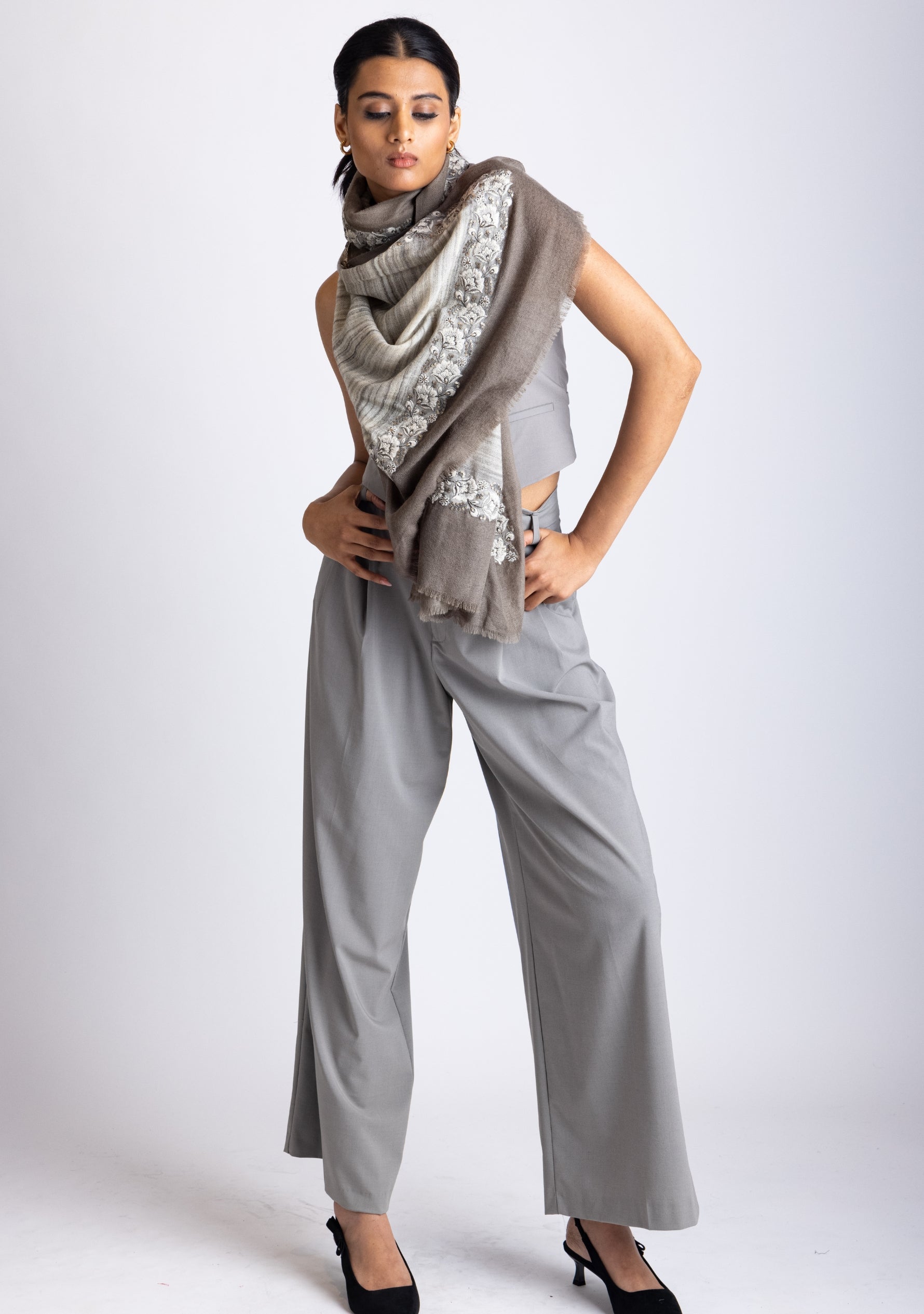 Multi-Striped Wool and Silk Scarf with an Ivory-Grey Embroidery and Grey Frame Border