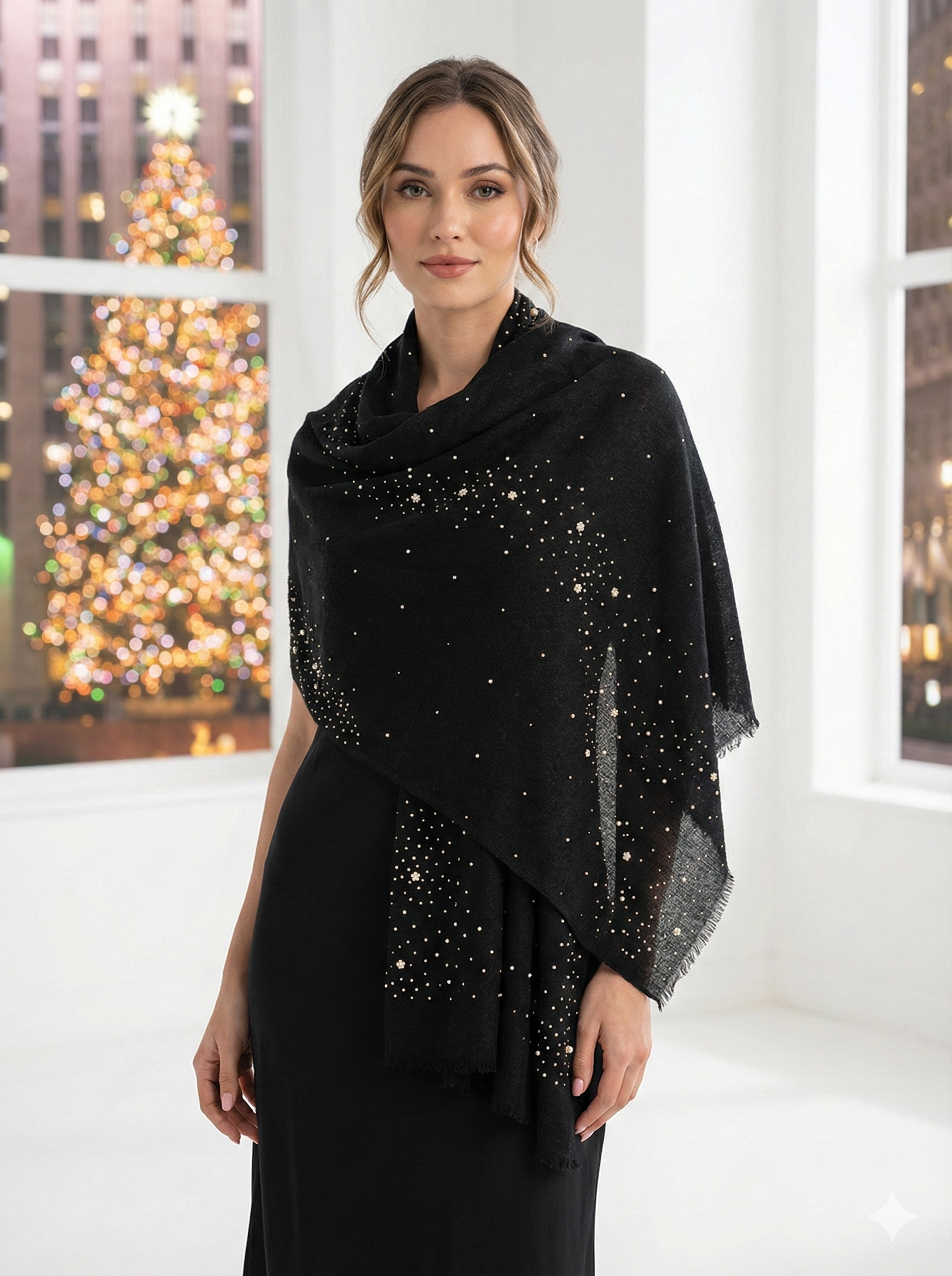 Black Cashmere Scarf 
Ivory Pearls