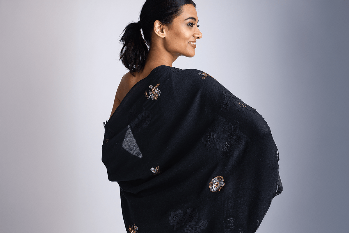 Woman wearing a black embroidered saree against a gray background
