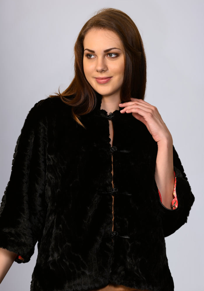 Black Faux Fur Jacket 
Black Faux Leather Trims
