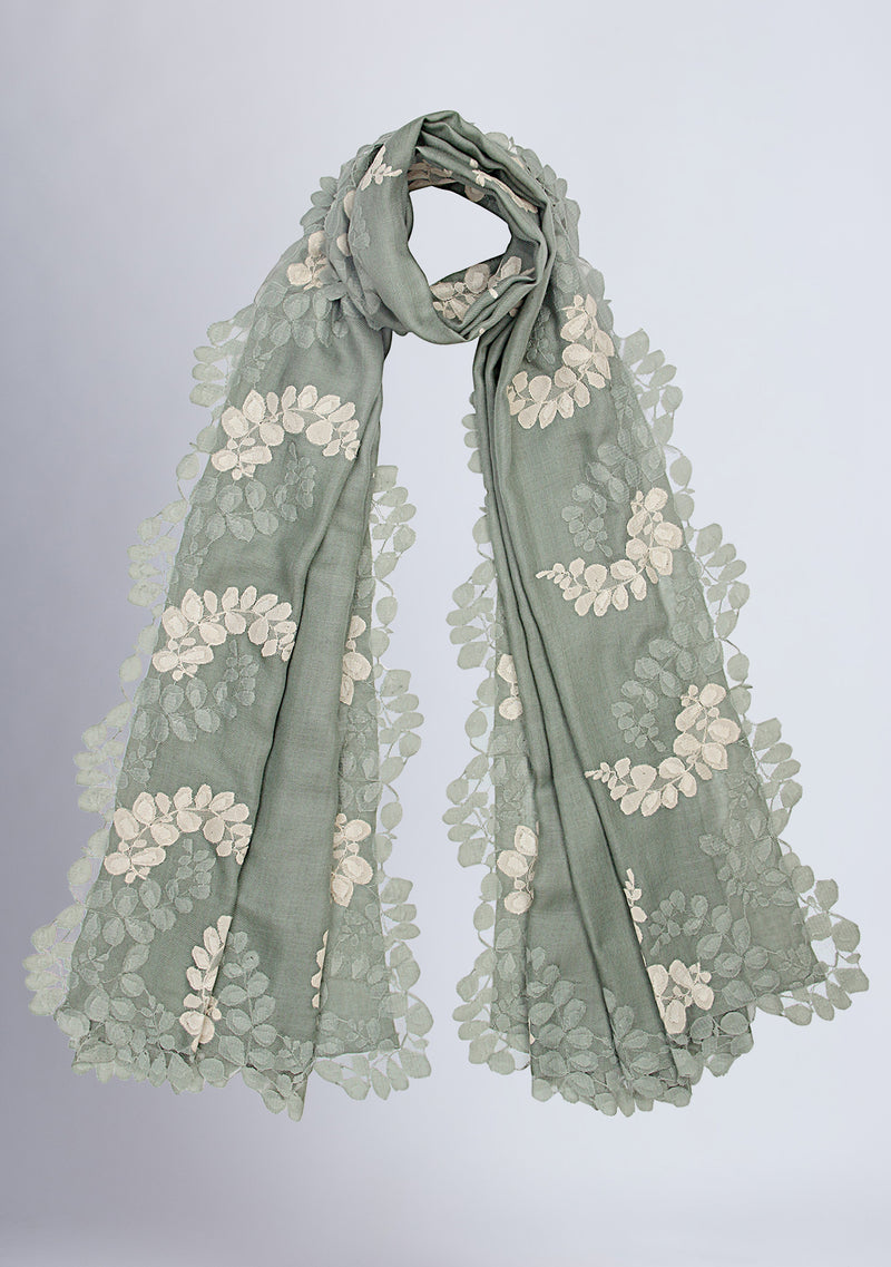 Sage Green Silk and Wool Scarf with a Sage Green and Beige Double Scalloped Lace Border