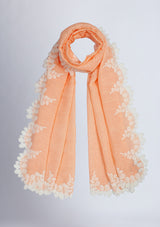 Light Peach Linen and Modal Scarf with an Ivory Scalloped Lace Border