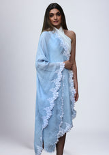 Powder Blue Linen and Modal Scarf with an Ivory Scalloped Lace Border