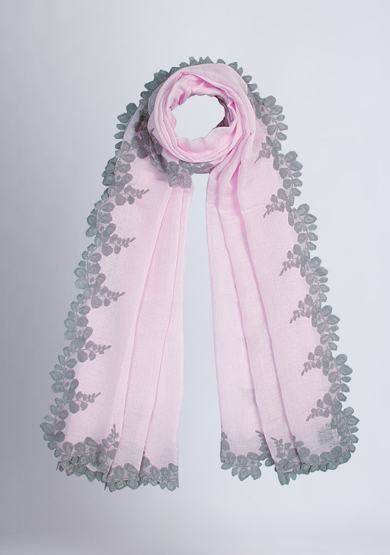 Baby Pink Linen and Modal Scarf with a Mousse Scalloped Lace Border