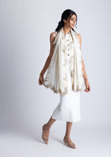 Ivory Wool and Silk Scarf with Beige, Natural and Alabaster Triple Scalloped Lace Border