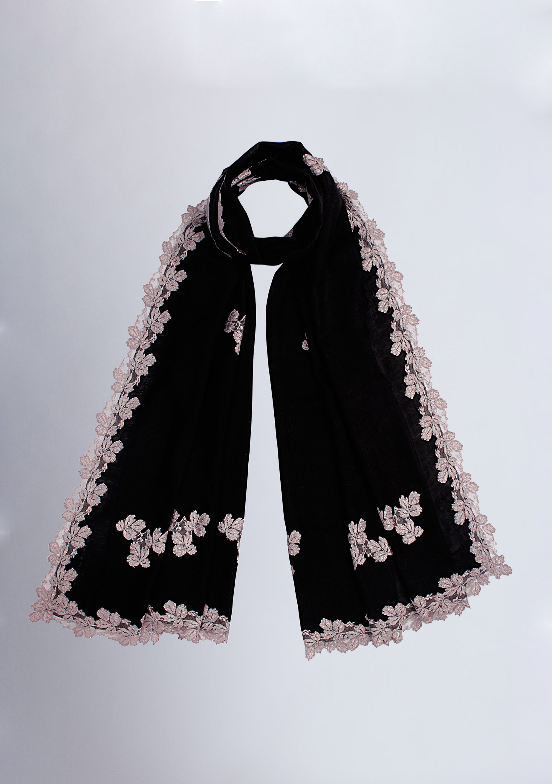 Black Wool and Silk Scarf with a Antique Silver Leaf Lace Applique & Border