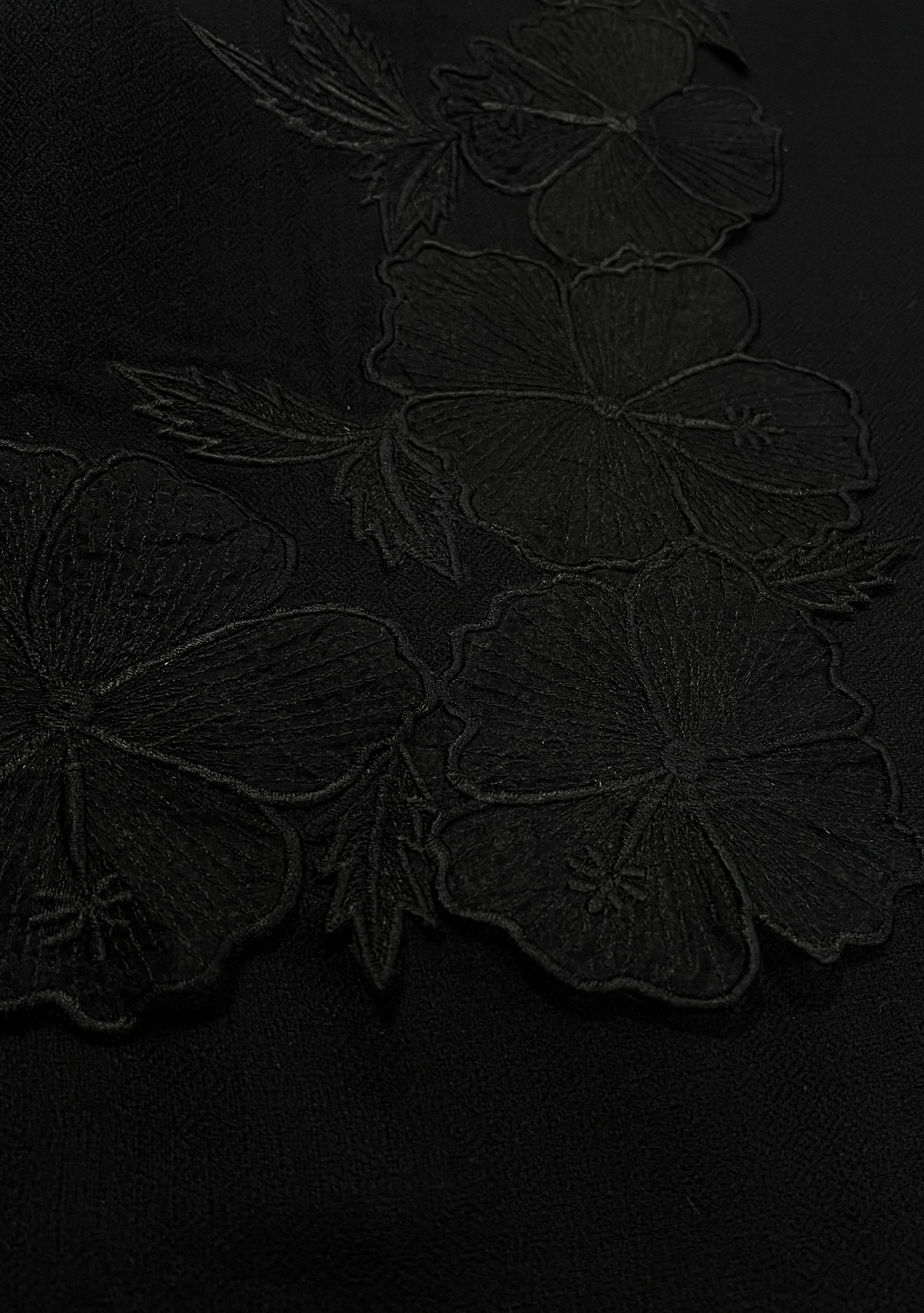 Black Cashmere Scarf with Black Hibiscus Floral Embroidery Border