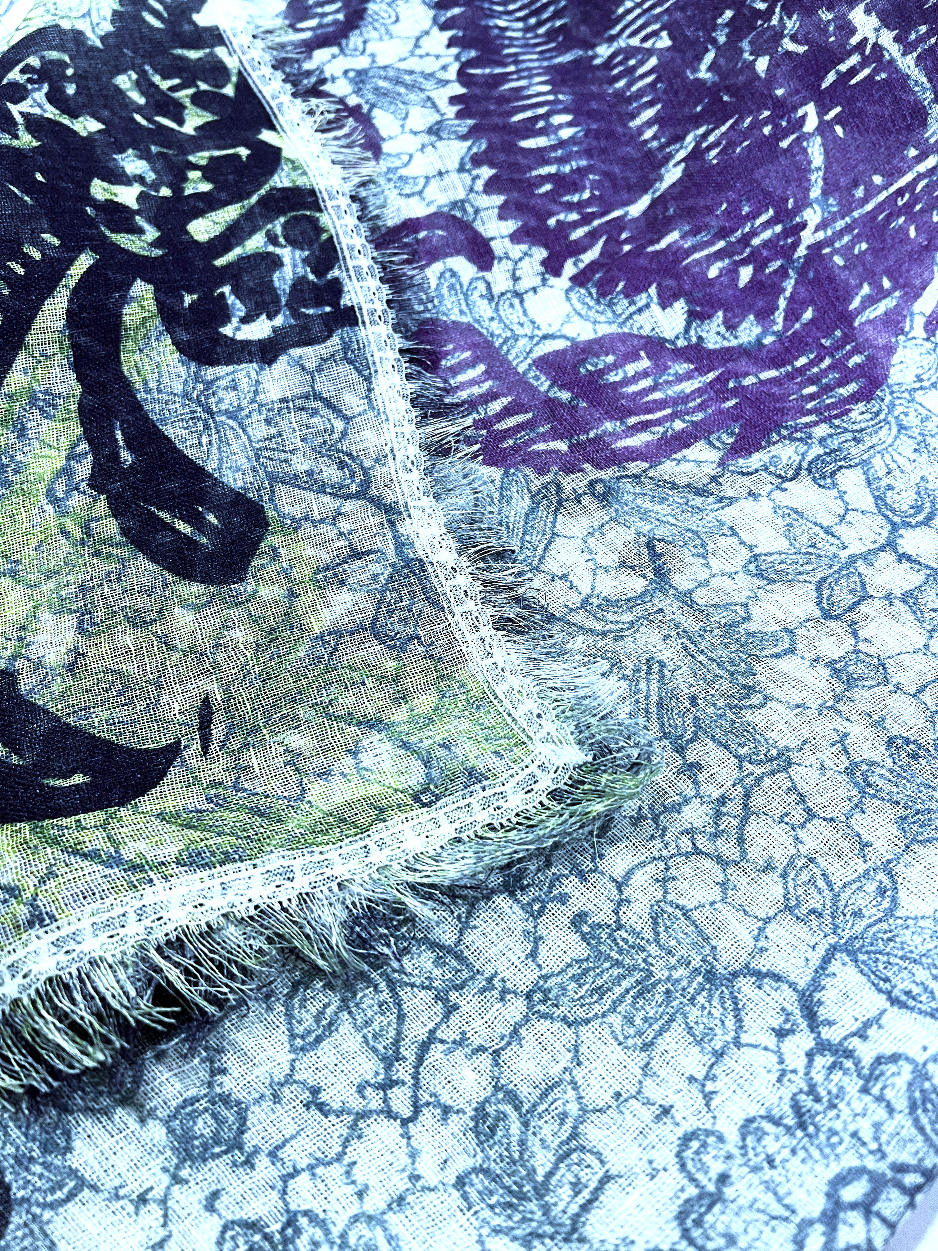 Navy Blue and Denim Blue Floral Printed Linen Scarf with an Ivory Filigree Lace Border