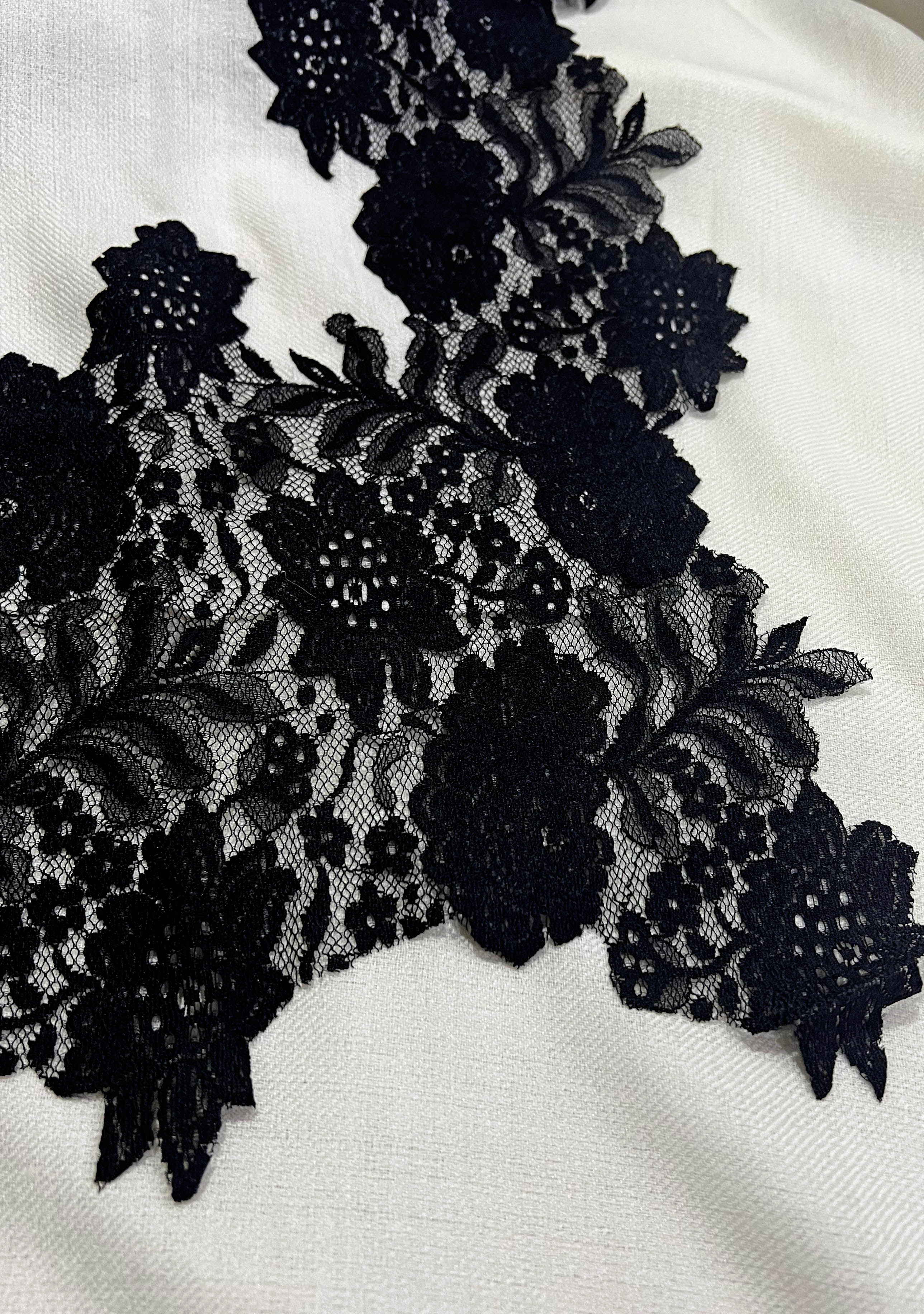 Ivory Silk And Wool Scarf with a Black 
 Floral Lace Border