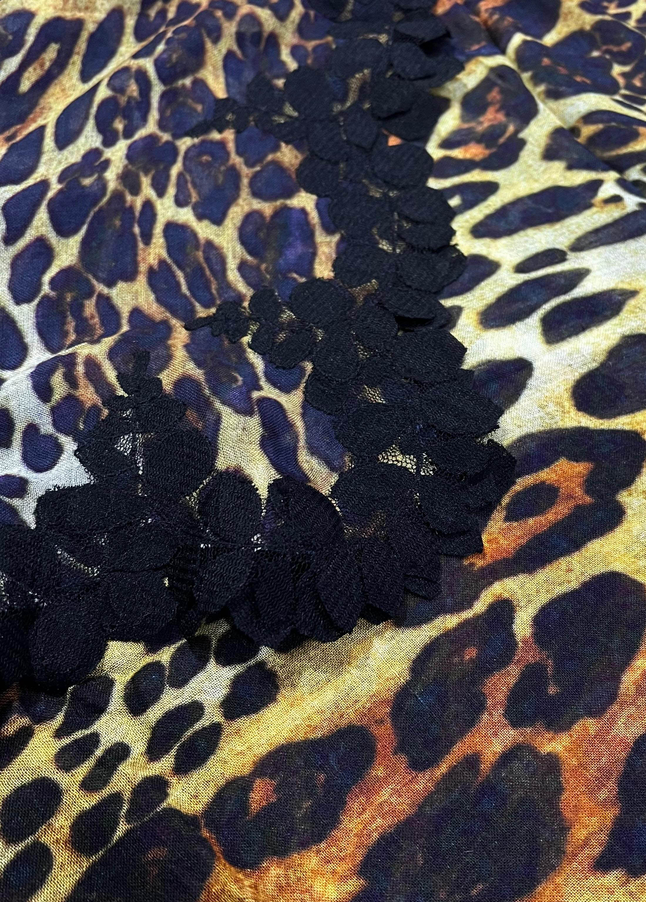 Leopard Print Modal and Silk Scarf with a Scalloped Black Bold Leaf Lace Border