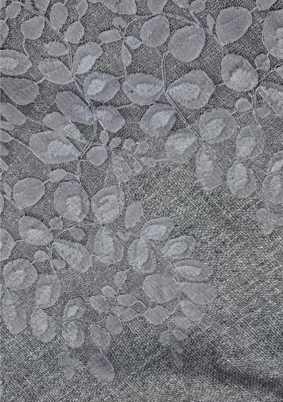 Dk. Grey Melange Wool Scarf with a Dk. Grey Bold Leaf Lace