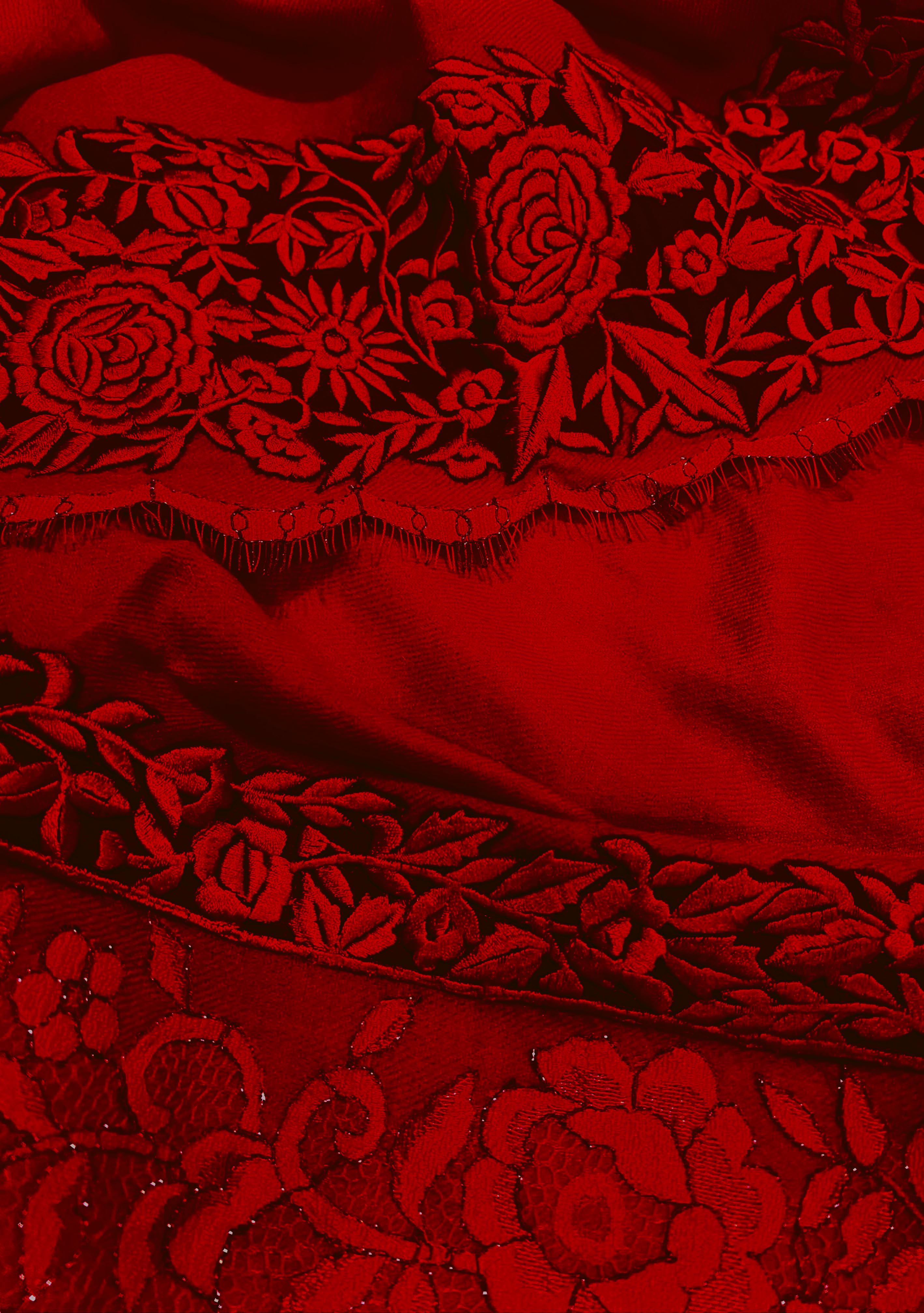 Red Cashmere Scarf with Black and Red Embroidery and Filigree Lace