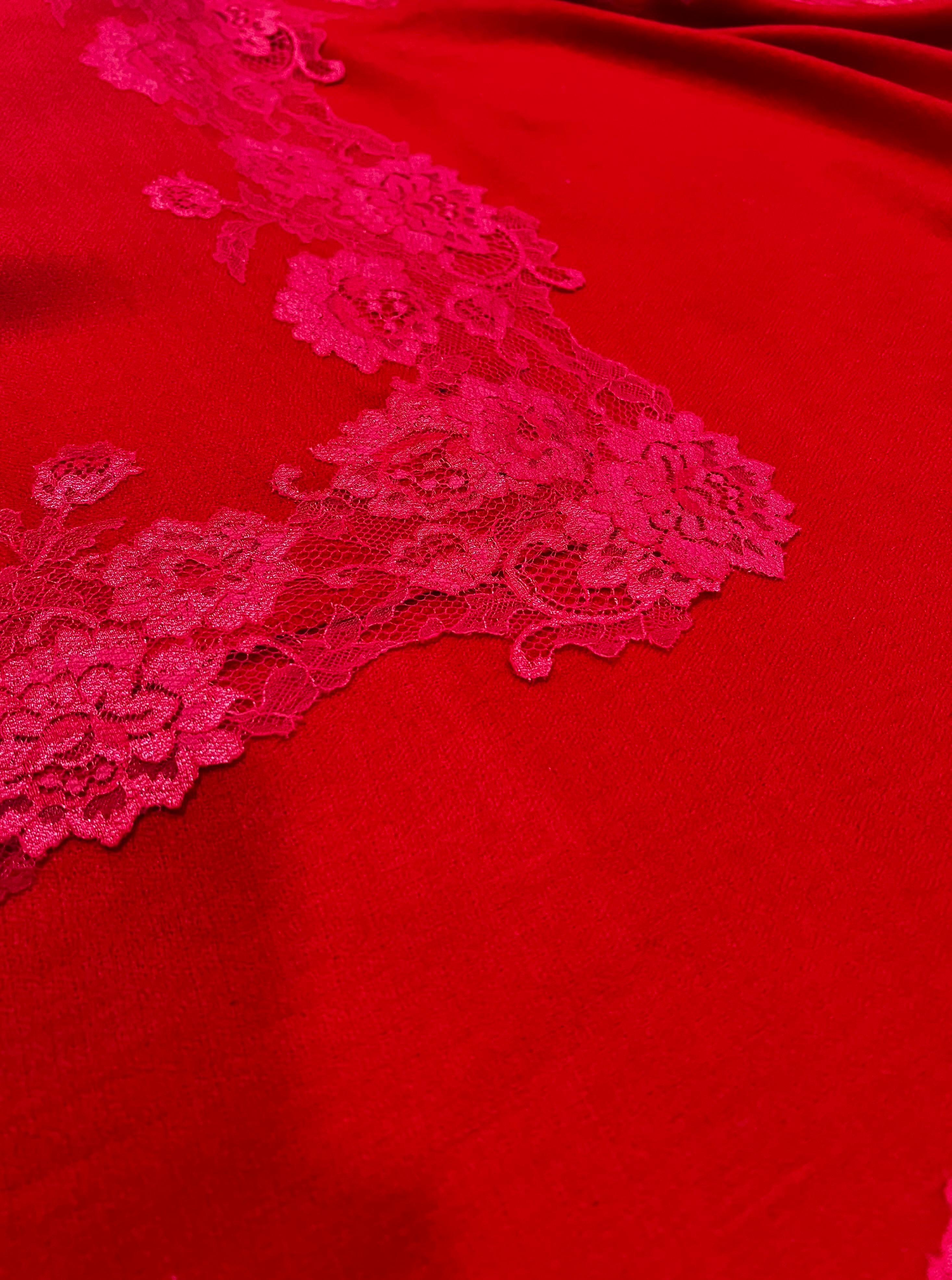 Red Cashmere Scarf with a Red Floral Chantilly Lace Border