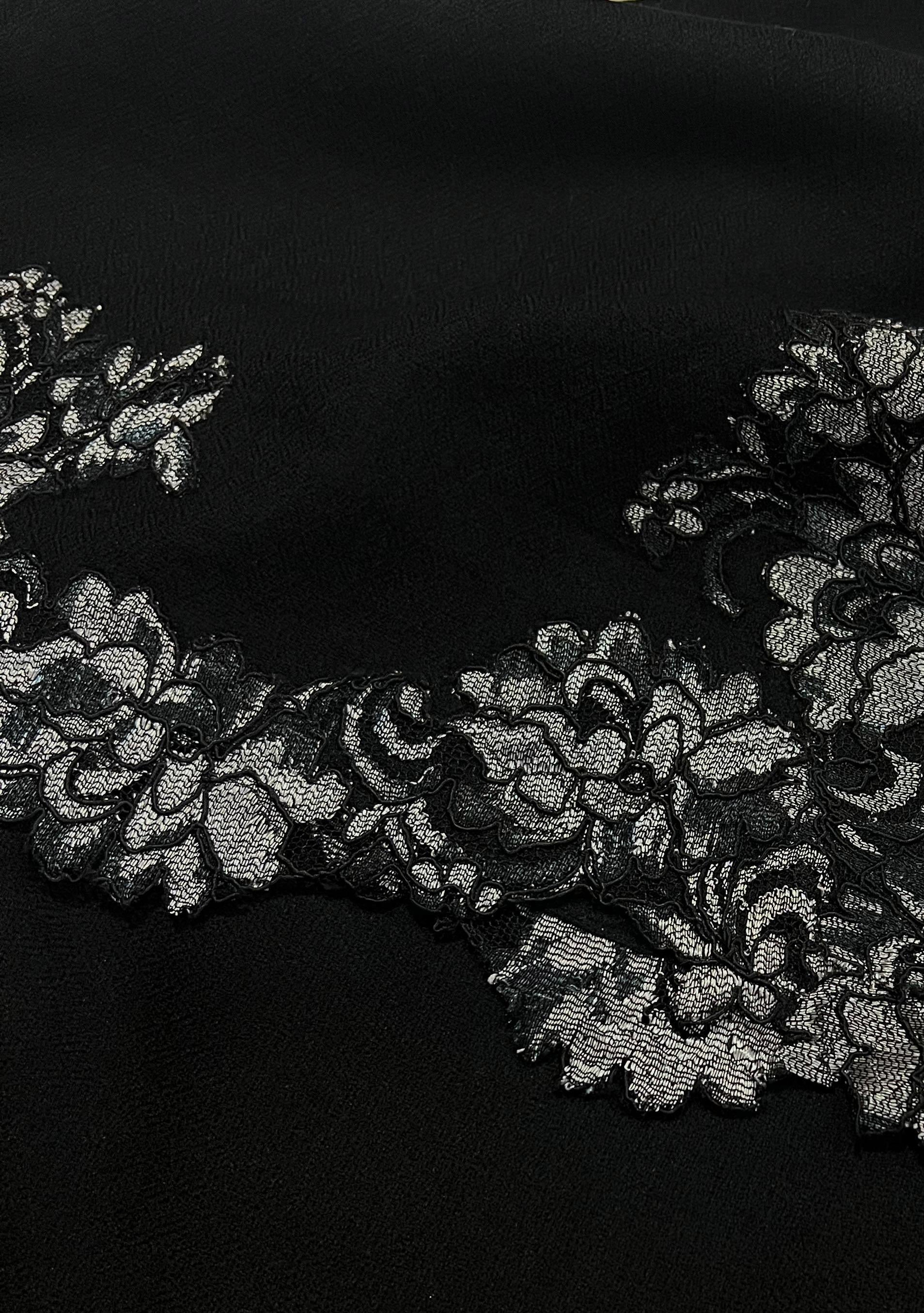 Black Cashmere Scarf with a Dual Shade Black and Silver Floral Chantilly Lace Border