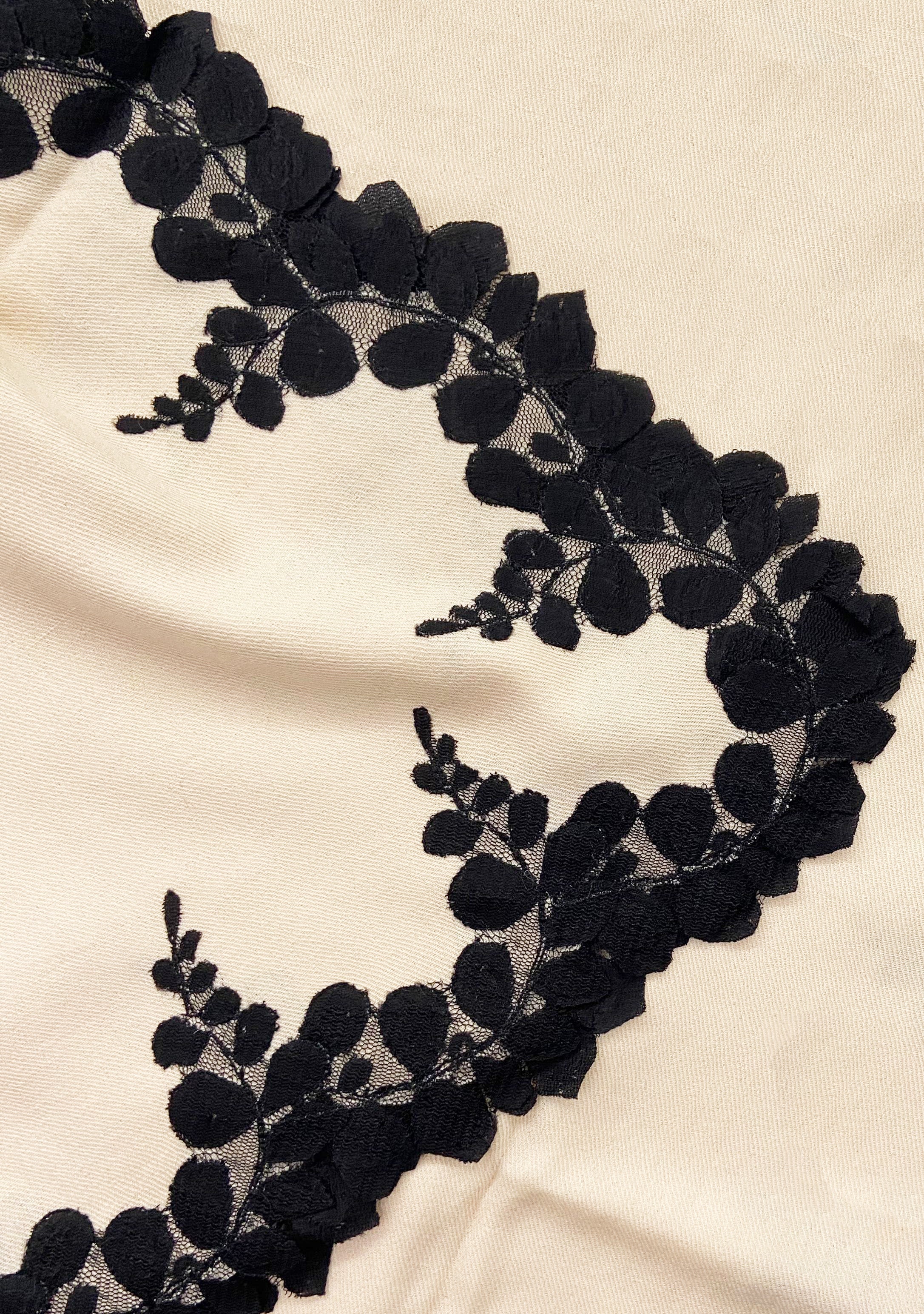 Beige Silk and Wool Scarf with a Black Scalloped Lace Border