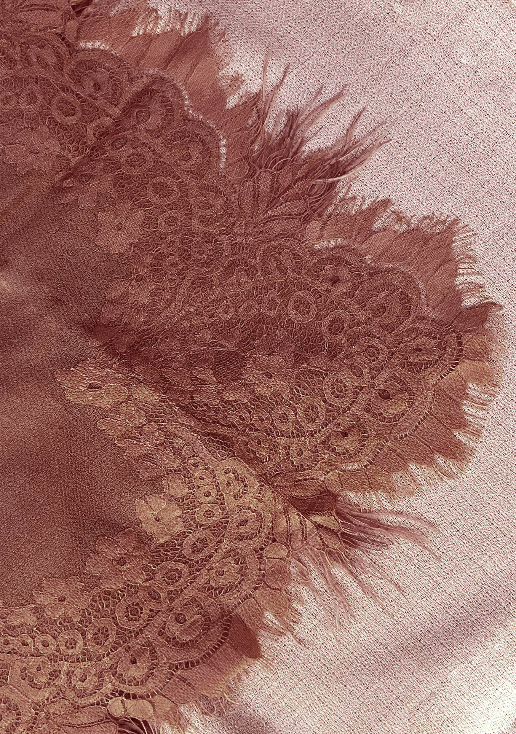 Copper Ombre Cashmere Scarf with a Dk. Copper Chantilly Lace Border & Copper Ostrich Feathers