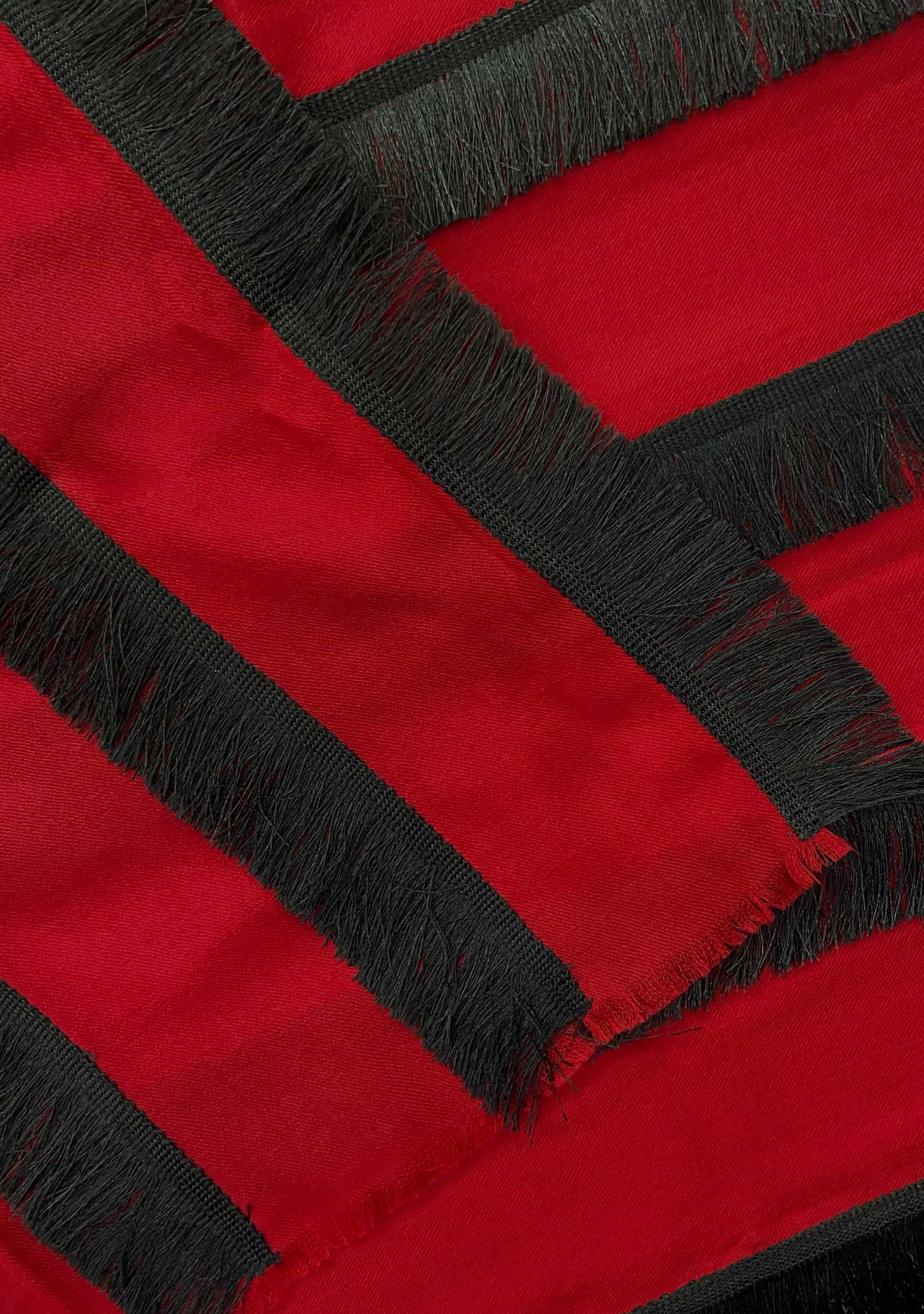 Red Wool and Silk Scarf with Black Fringe Panels