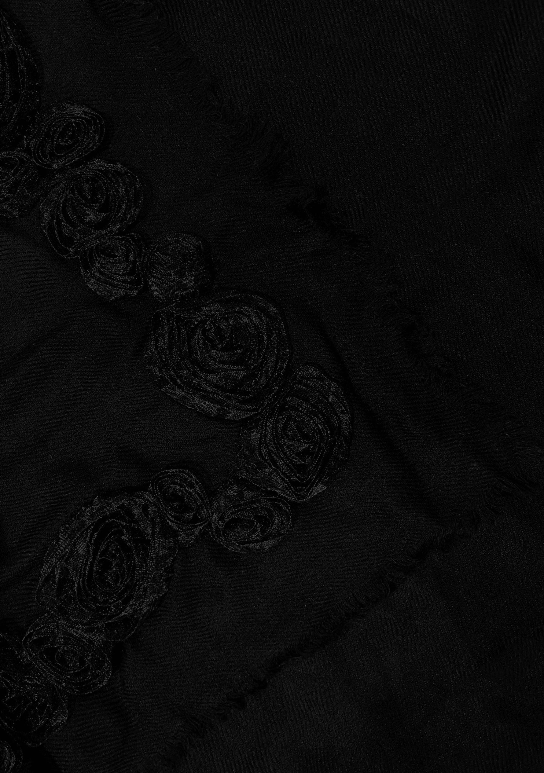 Black Cashmere Scarf with Black Ribbon Rose Border