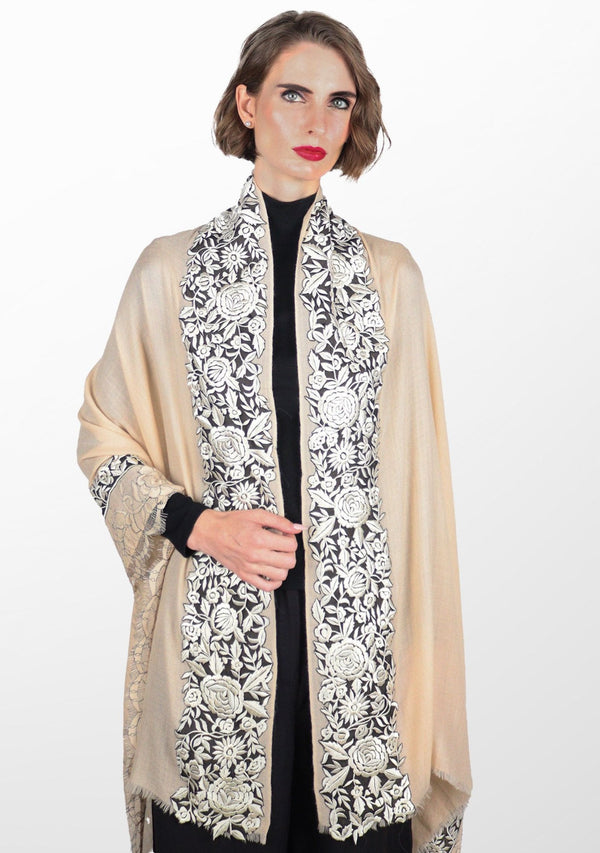 Beige Cashmere Scarf with Black and Beige Embroidery and Filigree Lace