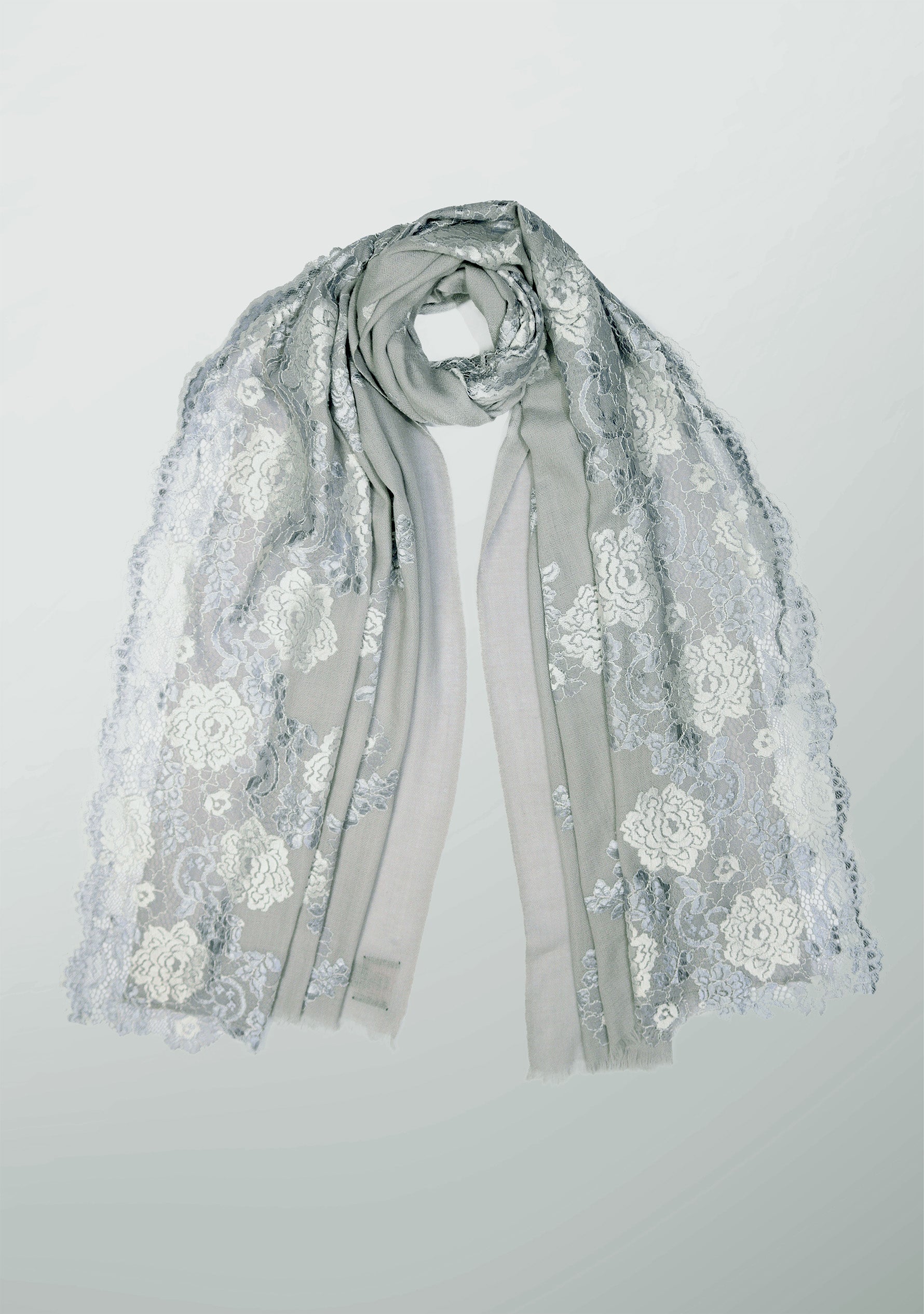 Silver-Grey Cashmere Scarf with Dual Grey Color Chantilly Lace