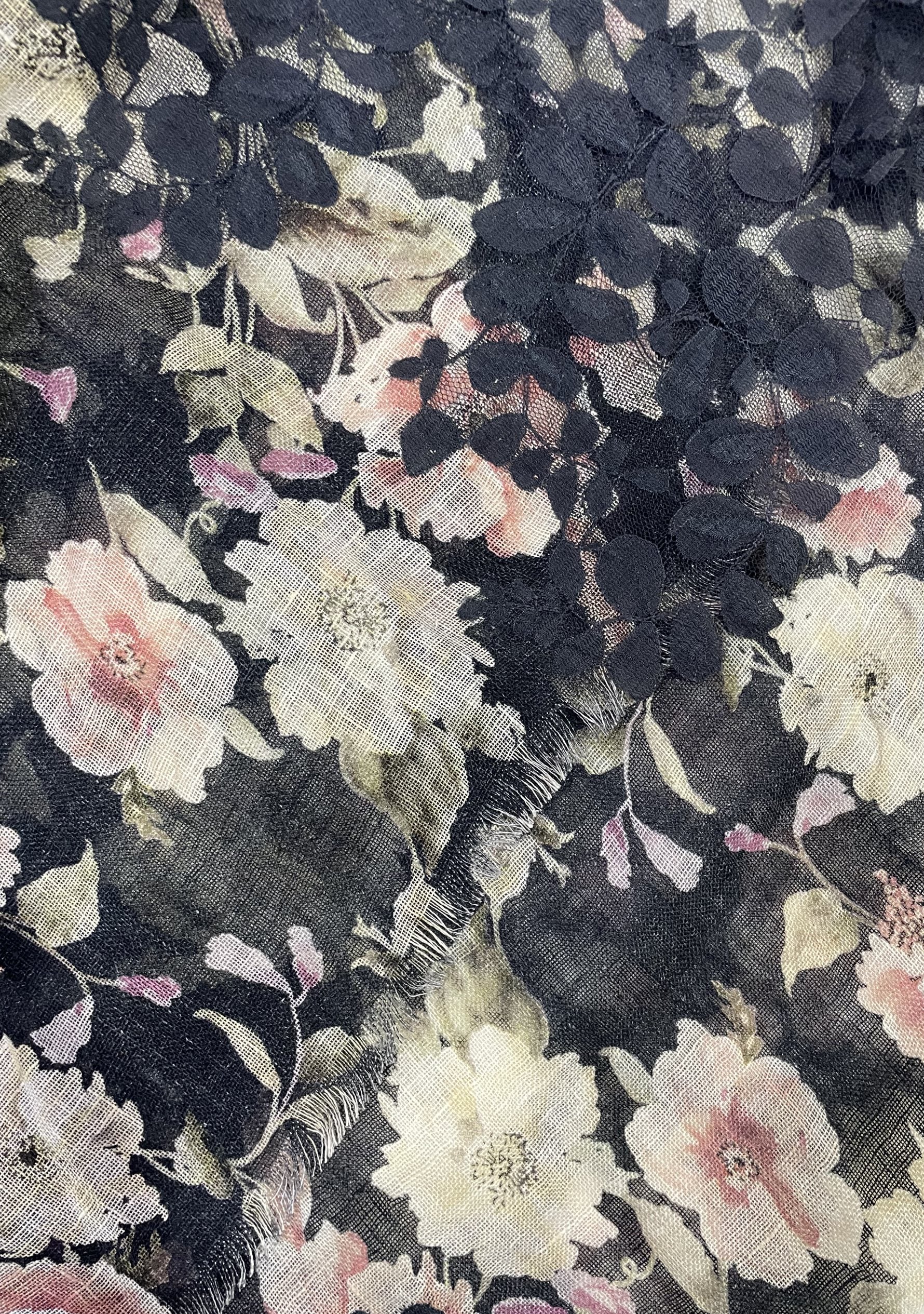 Maneesha Ruia Floral pattern print scarf with dark grey leaves lace