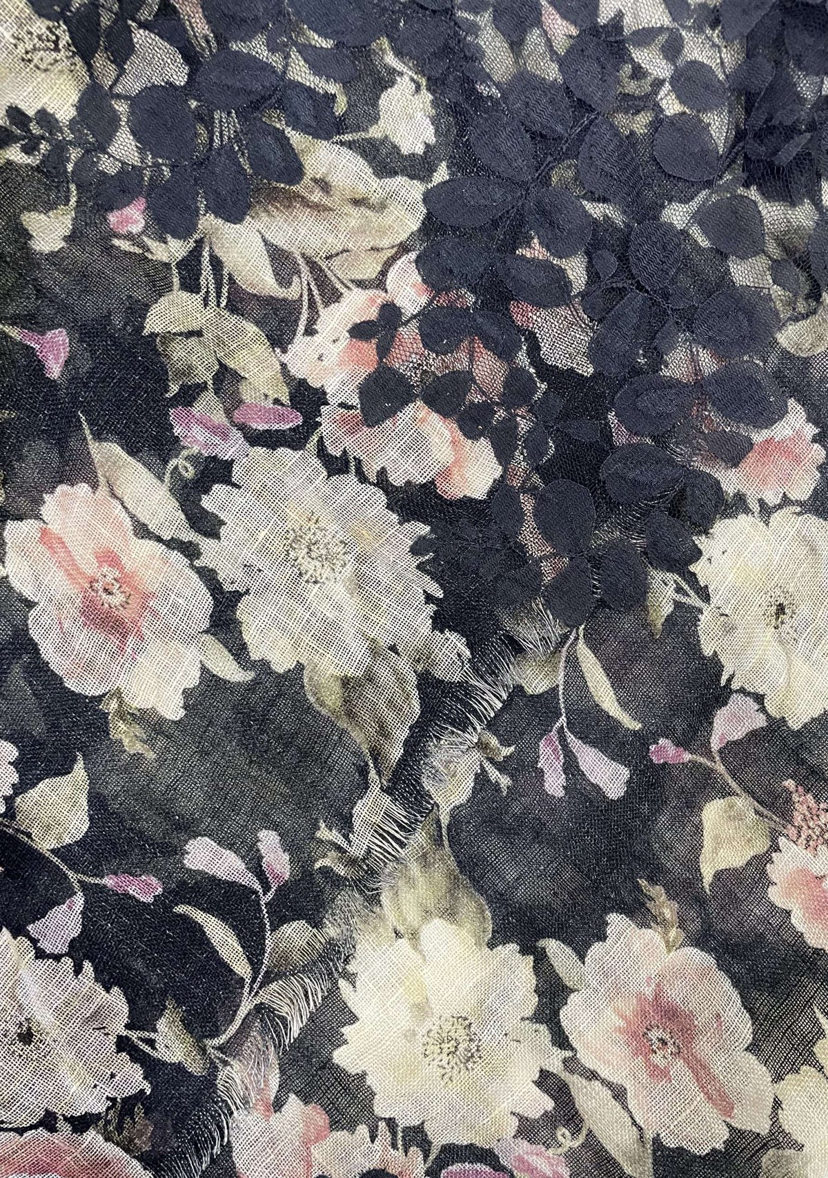 Maneesha Ruia Floral pattern print scarf with dark grey leaves lace