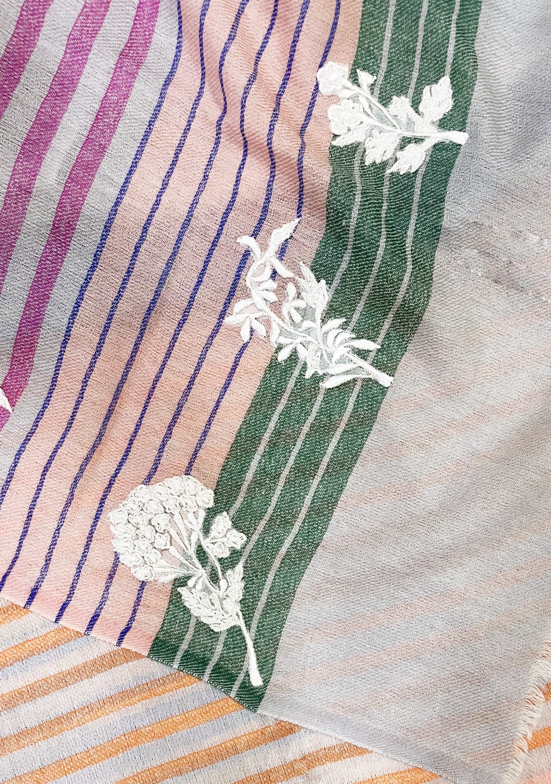 Multi-Striped Wool & Silk ScarfIvory Applique