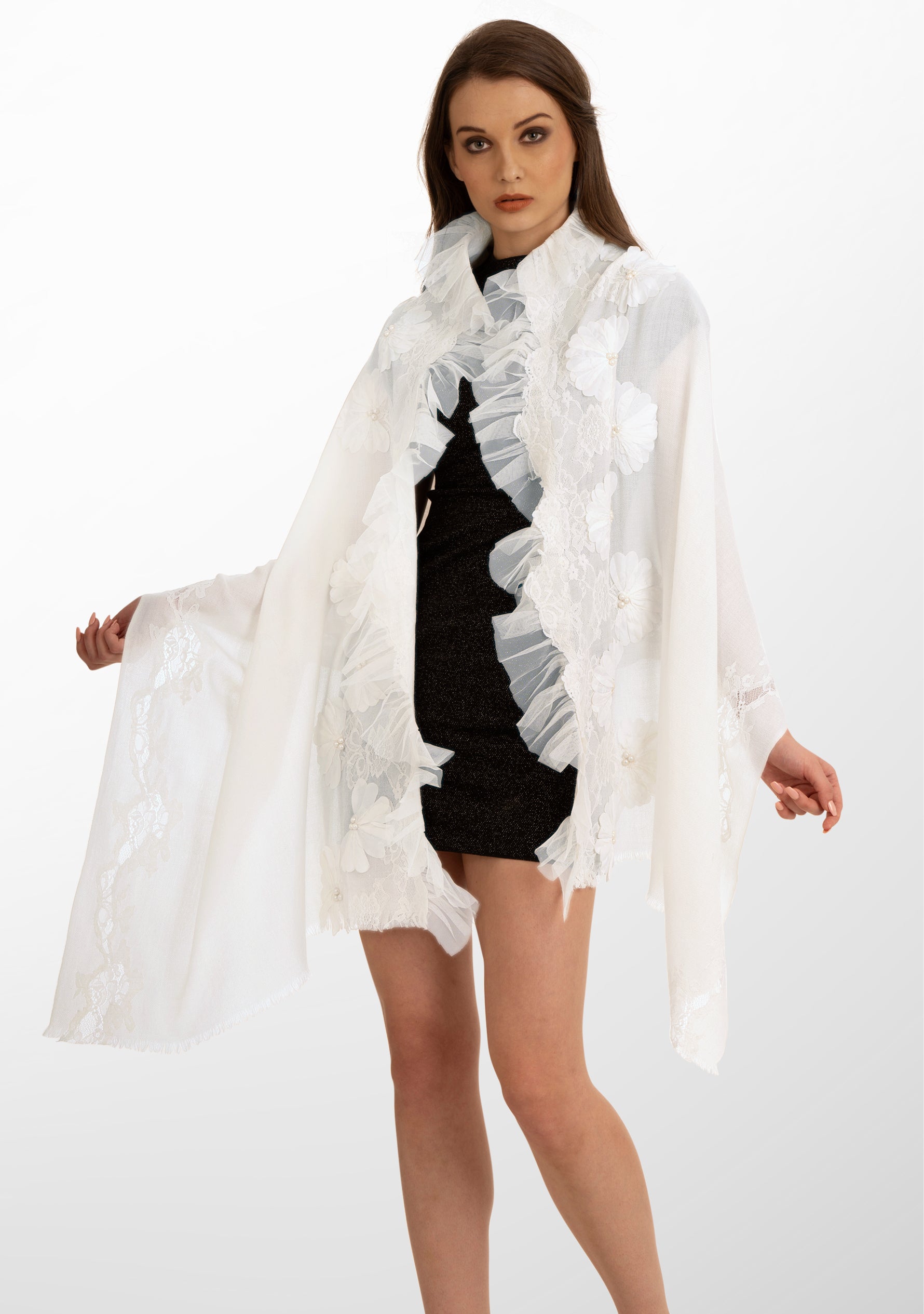 Ivory Cashmere Scarf with Pearls, Embroidery, Frill and Lace Detailing