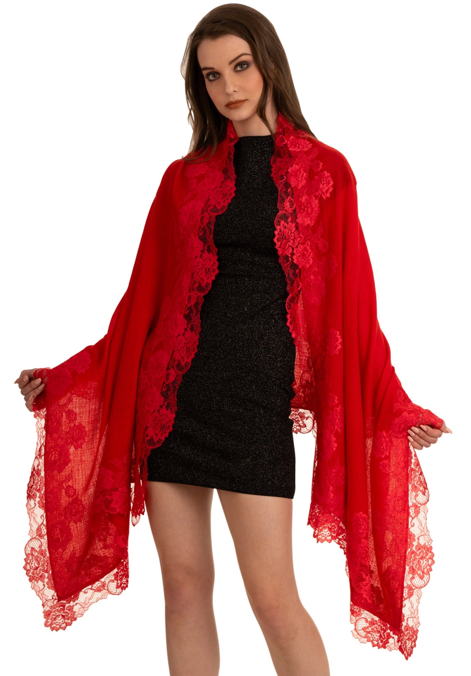 Red Cashmere Scarf with a Red Floral Chantilly Lace Border