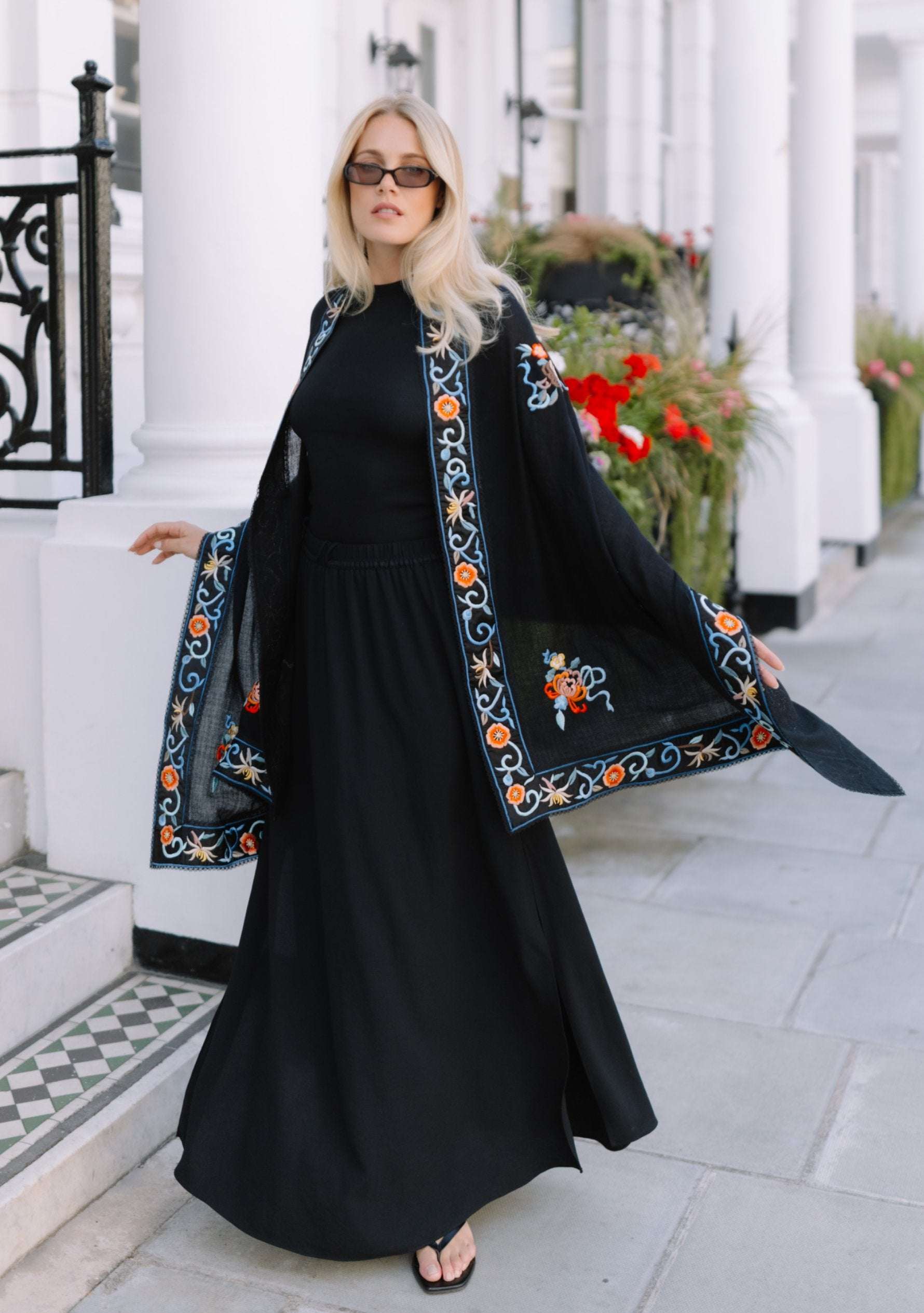 Black Cashmere Scarf Black Multi-colored Embroidery & Black Lace