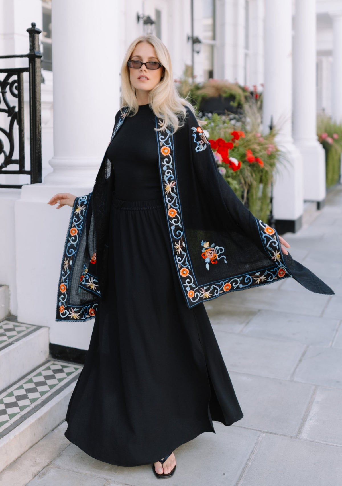 Black Cashmere Scarf Black Multi-colored Embroidery & Black Lace