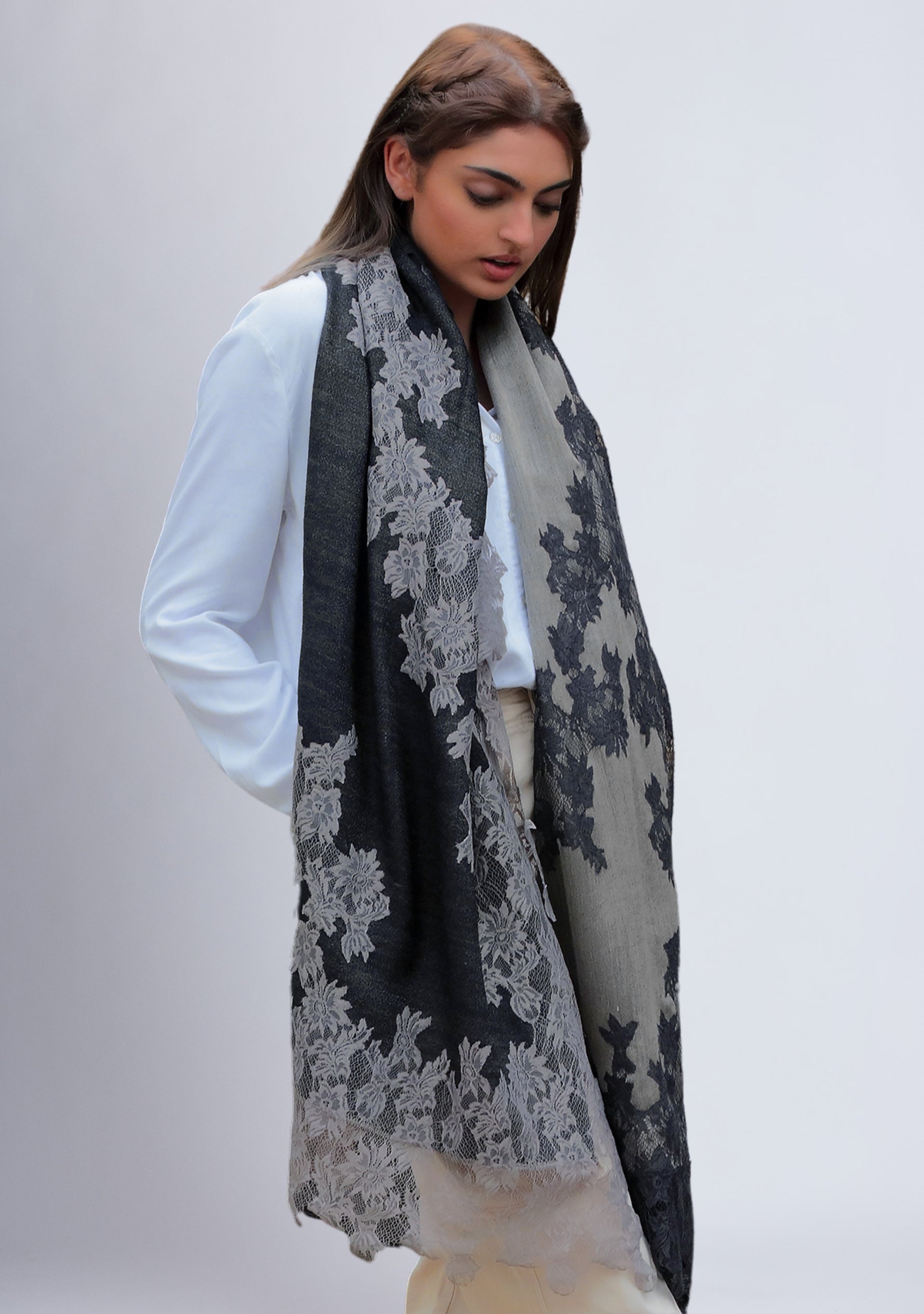 Dual Color Black and Taupe Reversible Wool and Silk Scarf with Dual Color Black and Taupe Floral Lace Application and Border