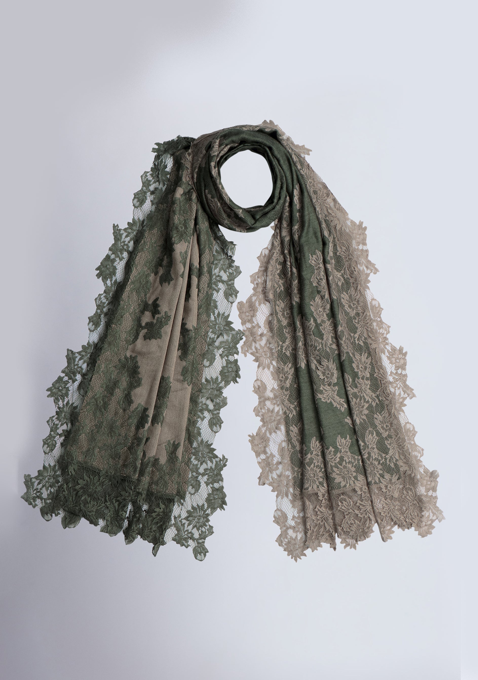 Dual Color Bottle Green and Taupe Reversible Wool and Silk Scarf with Dual Color Bottle Green and Taupe Floral Lace Application and Border