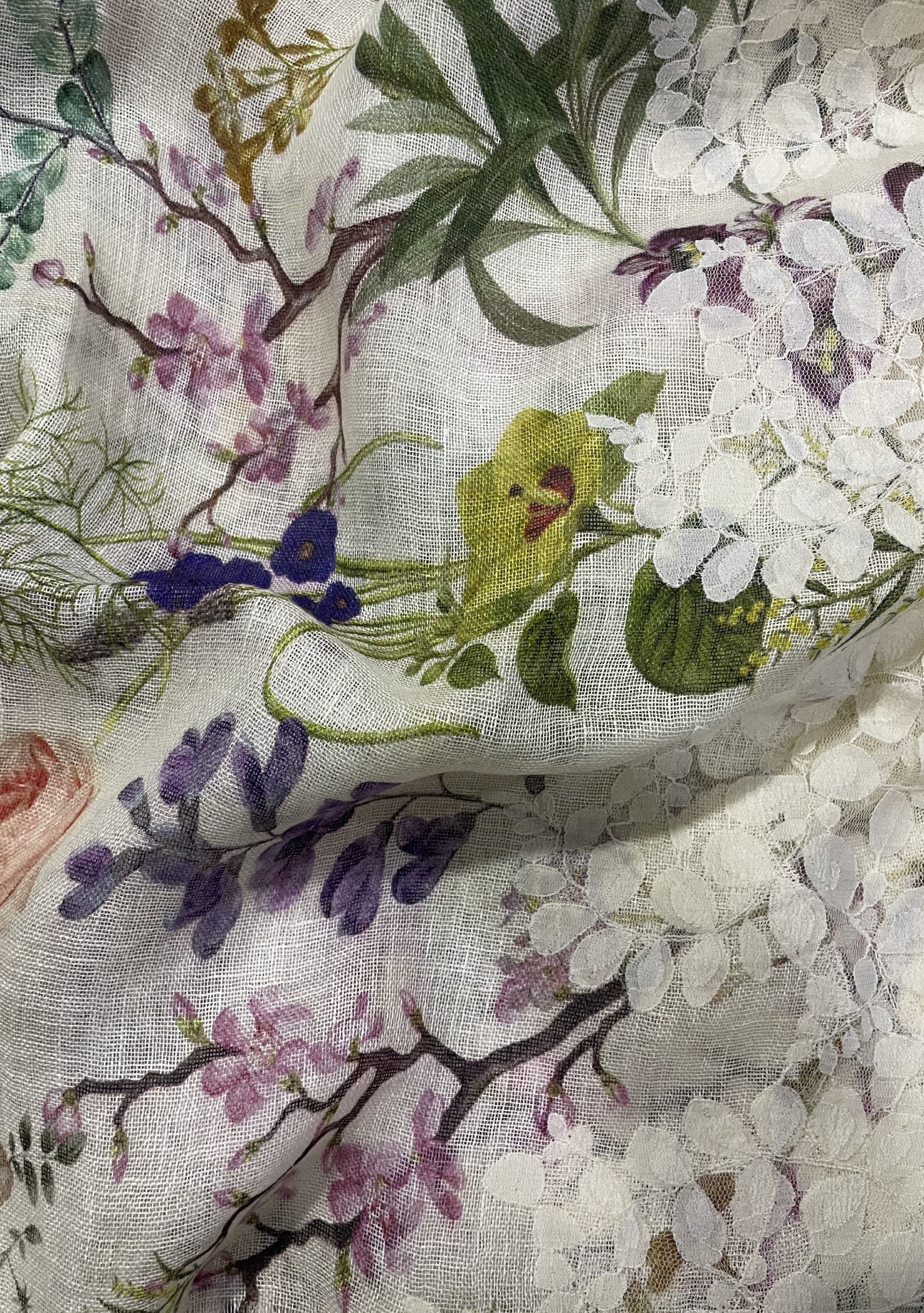 Linen Print Scarf Beige Lace