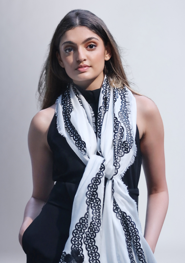 Ivory Modal Scarf with a Lasercut Black Faux Leather Appliqu̩ in a Scalloped Design