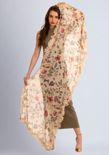 Heyday Floral Print Modal and Silk Scarf with a Scalloped Beige Lace Border