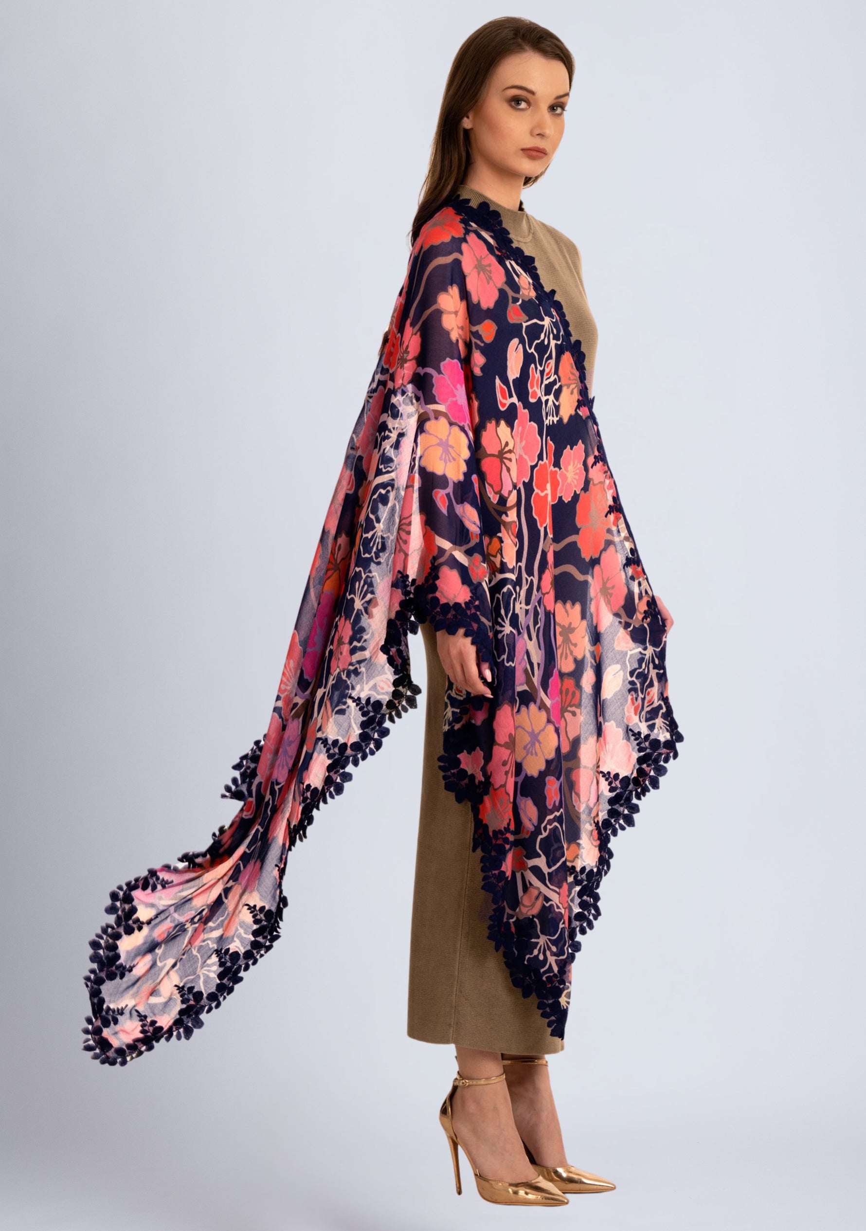 Hibiscus Floral Print Modal and Silk Scarf with a Scalloped Navy Blue Lace Border