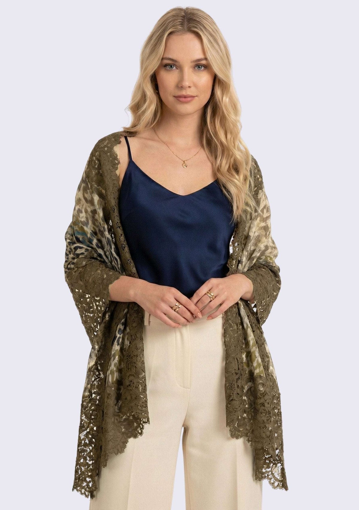 Khaki Leopard Print Wool & Silk Scarf Khaki Lace