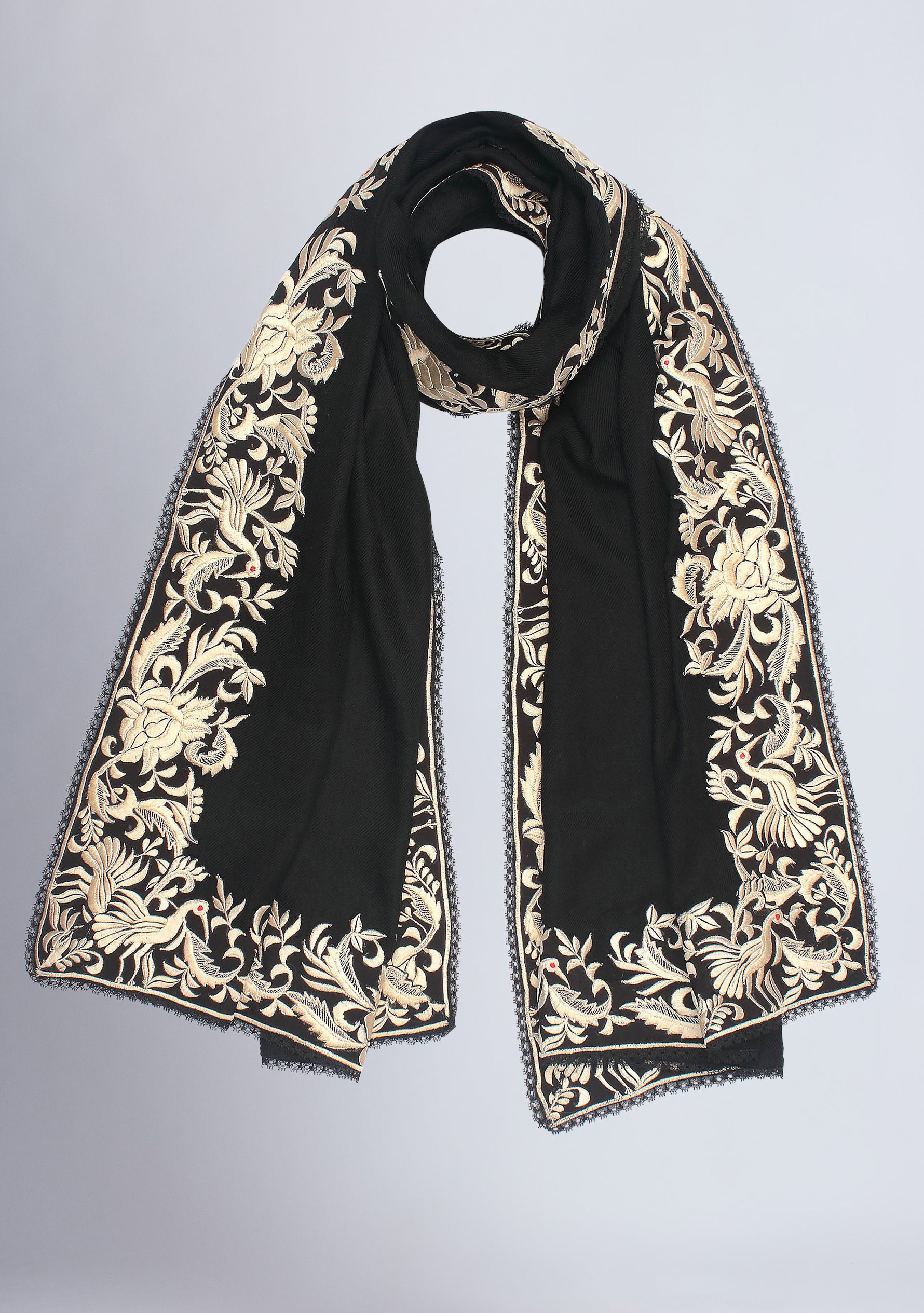 Black Cashmere Scarf with a Beige Border Embroidery and Black Lace Edging