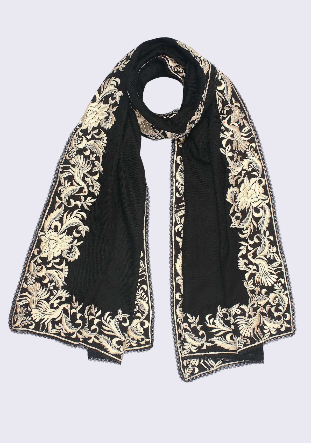 Black Cashmere Scarf Ivory Embroidery & Black Lace