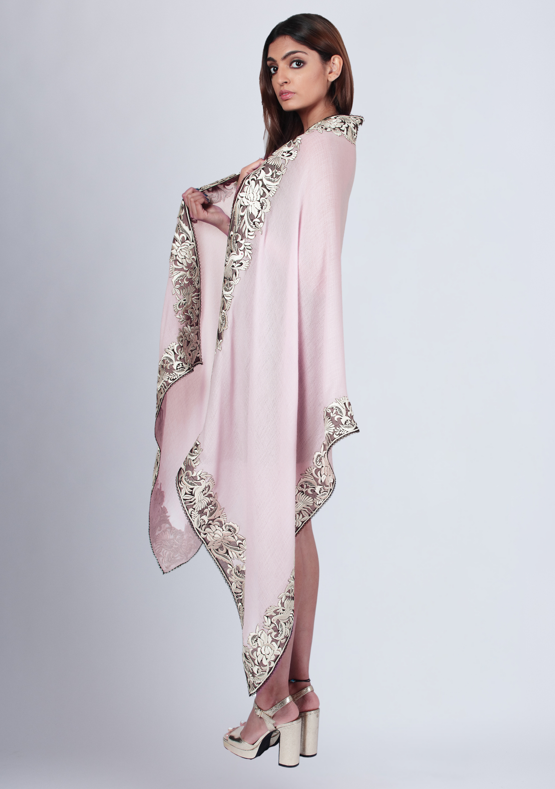 Baby Pink Cashmere Scarf with a Beige Border Embroidery and Black Lace Edging