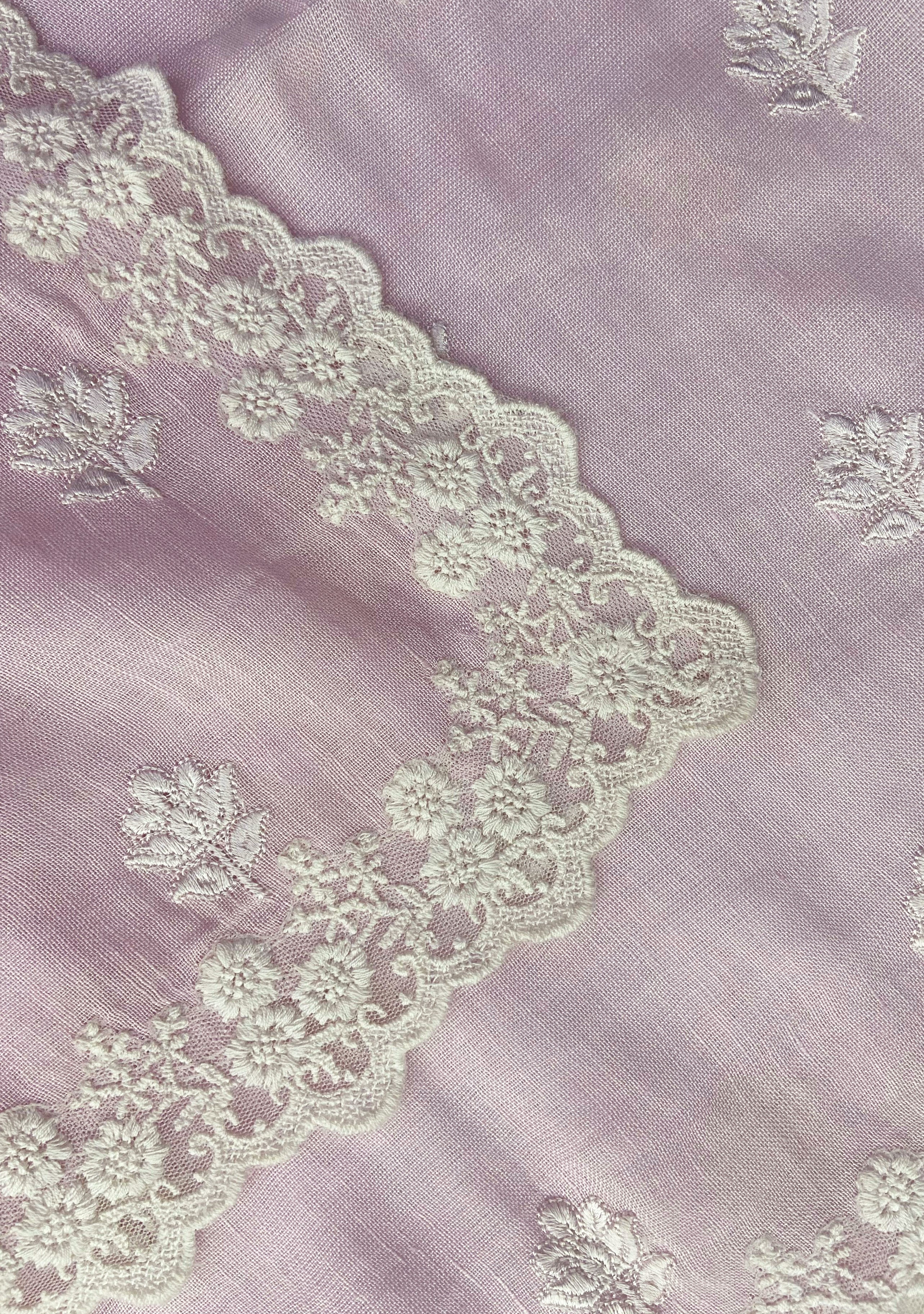 Lt. Pink Linen and Modal Scarf with White Floral Embroidery and White Floral Lace Border