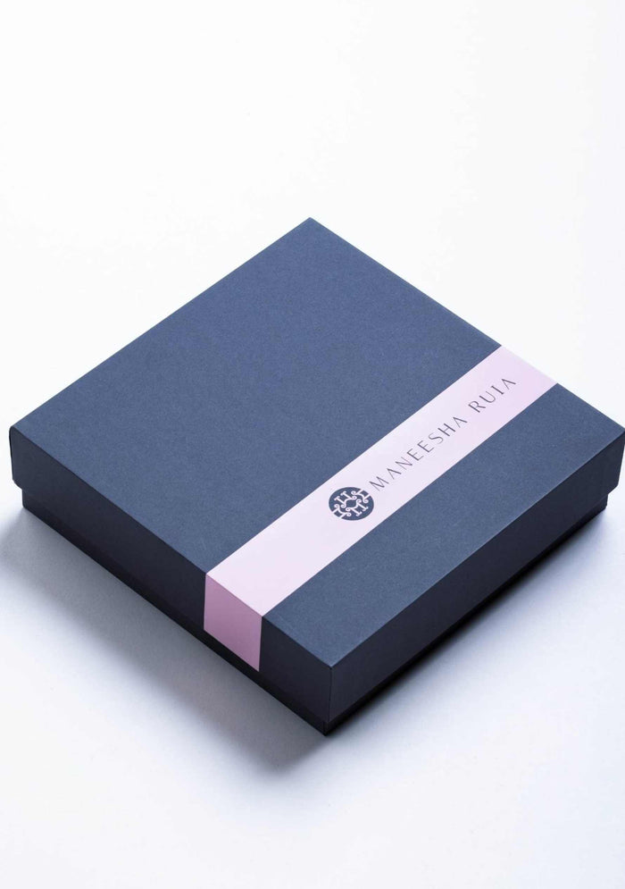 Gray box with a pink band featuring a logo on a white background